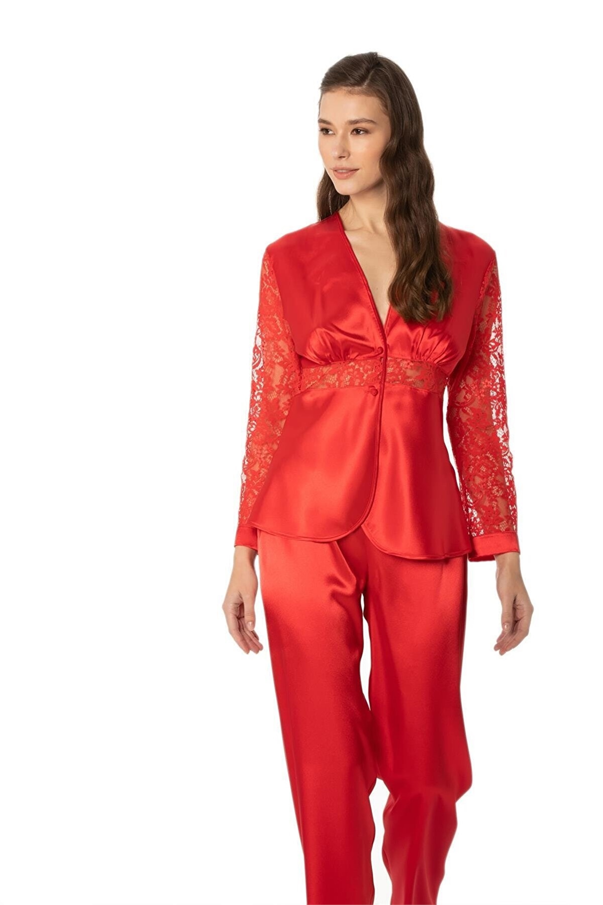 Pierre Cardin 1121 Kadın  Saten Dantelli Pijama Takımı-Kırmızı