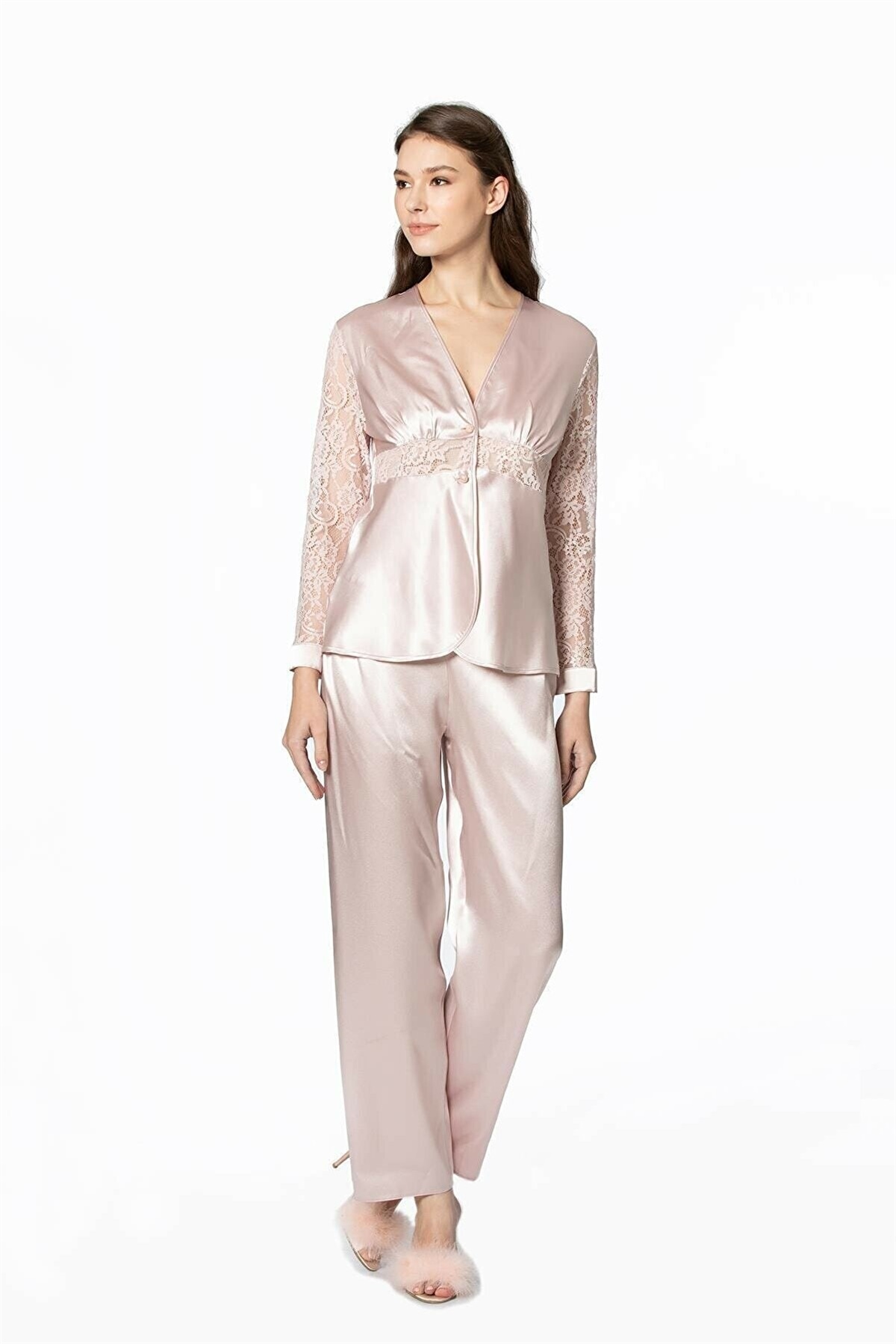 Pierre Cardin 1121 Kadın  Saten Dantelli Pijama Takımı-Pudra