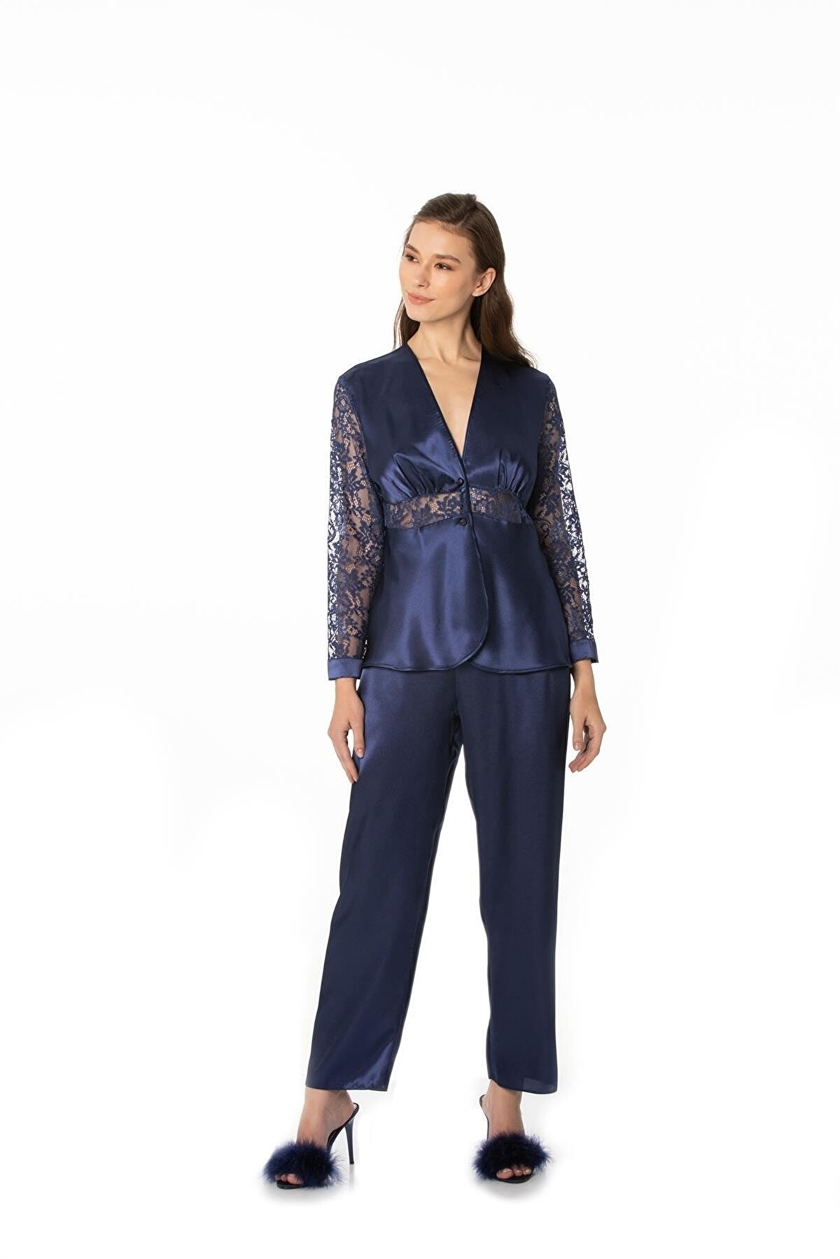 Pierre Cardin 1121 Kadın  Saten Dantelli Pijama Takımı-Lacivert