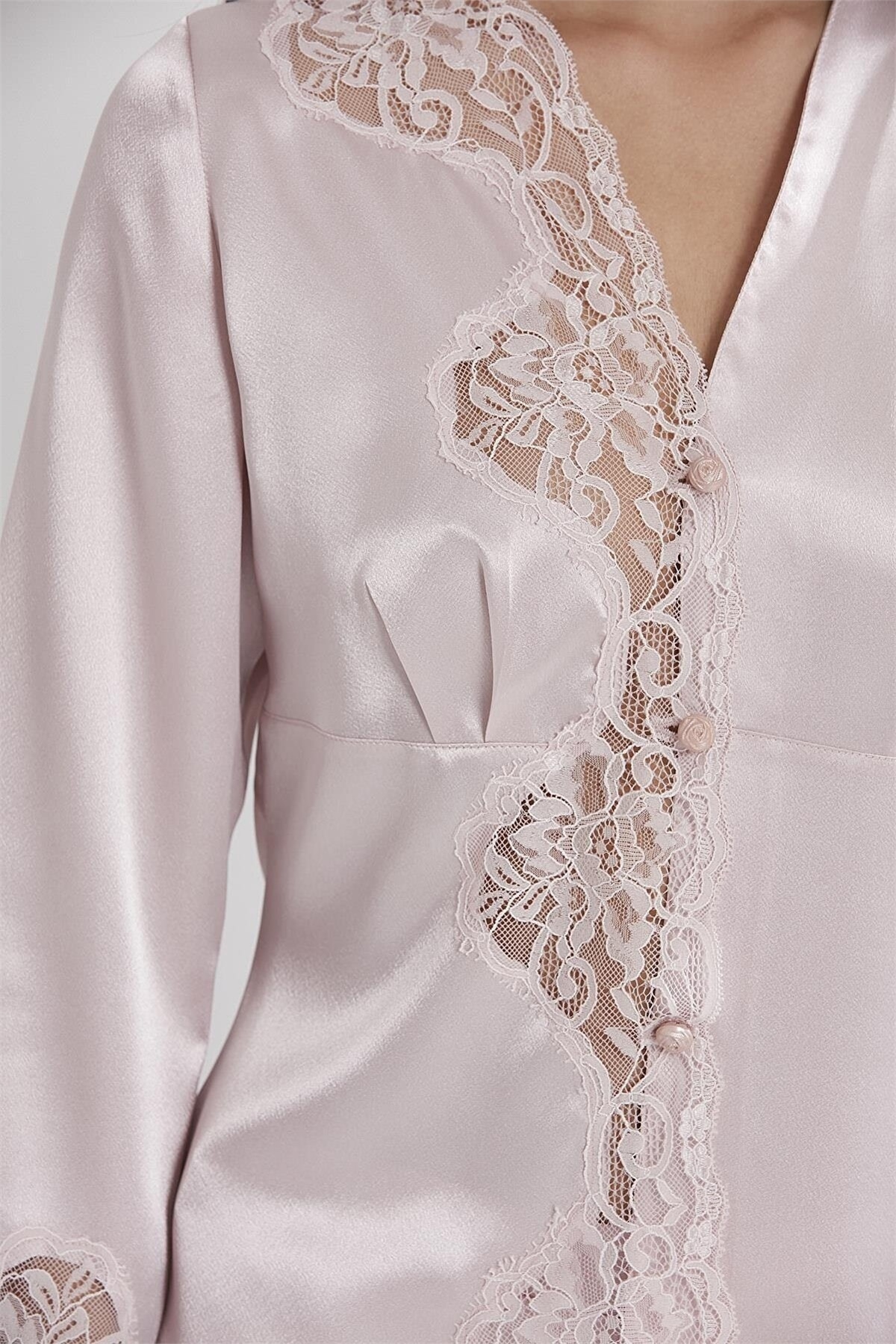 Pierre Cardin 1160 Kadın Saten Dantelli Pijama Takımı-Pudra