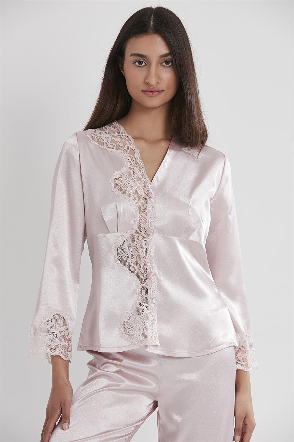 Pierre Cardin 1160 Kadın Saten Dantelli Pijama Takımı-Pudra