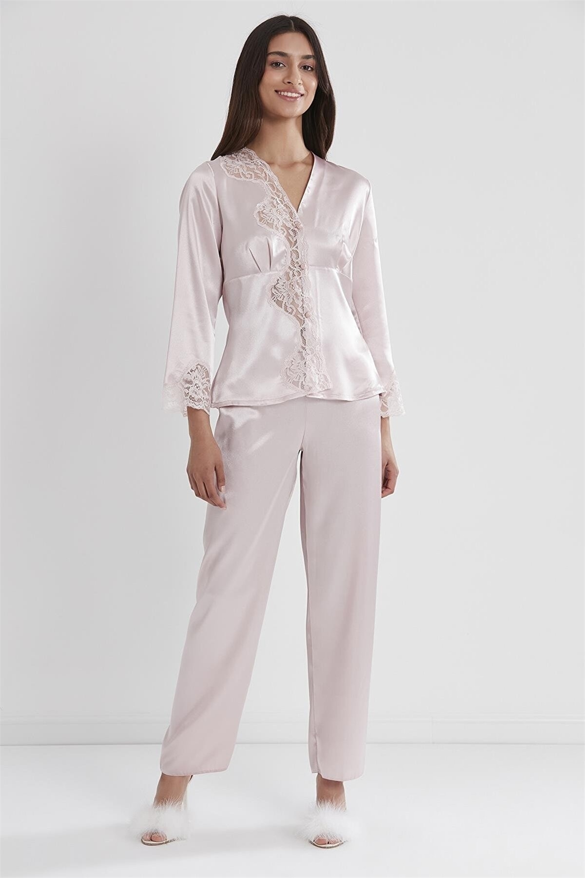 Pierre Cardin 1160 Kadın Saten Dantelli Pijama Takımı-Pudra