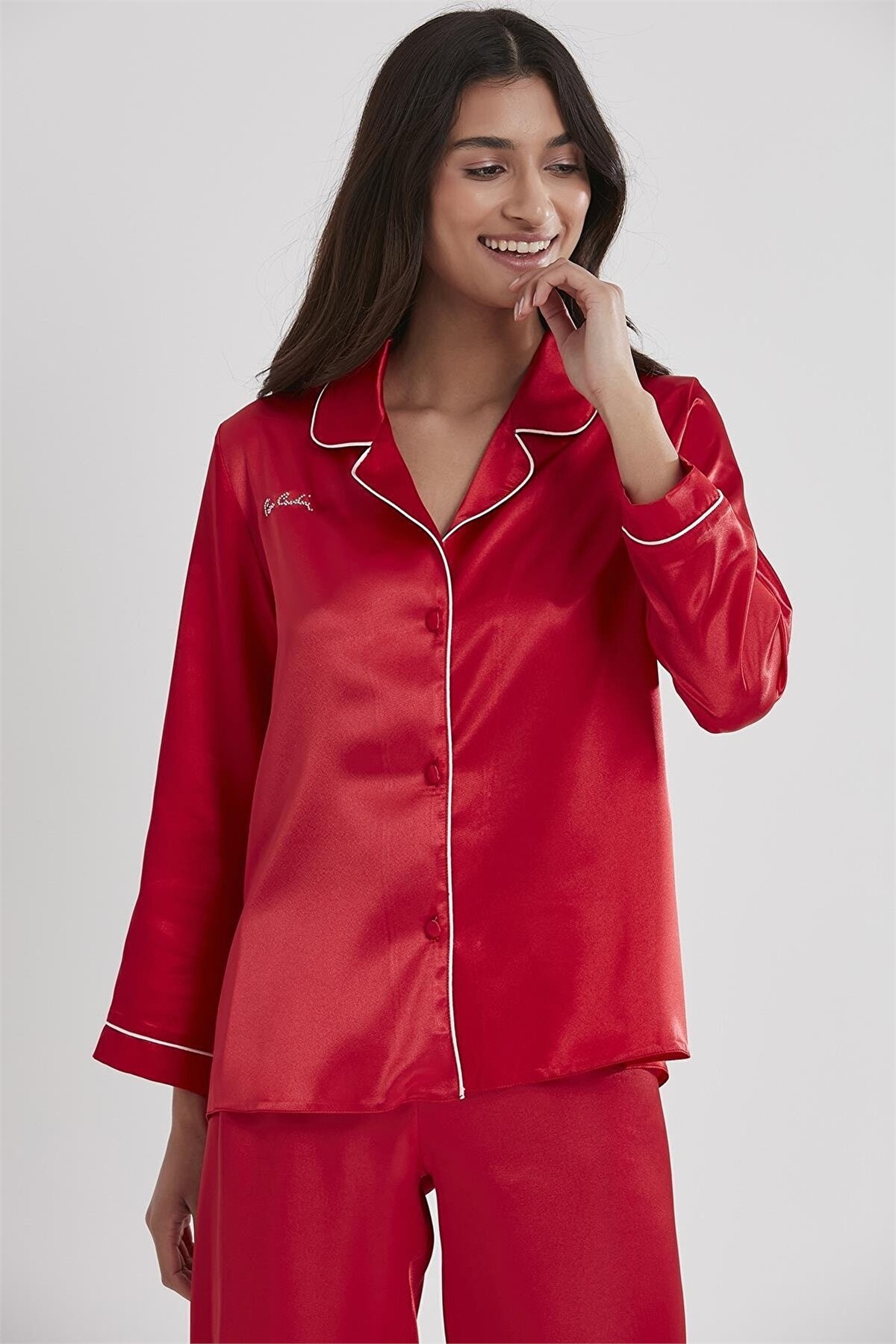 Pierre Cardin 1200 Kadın Saten Pijama Takımı-Kırmızı