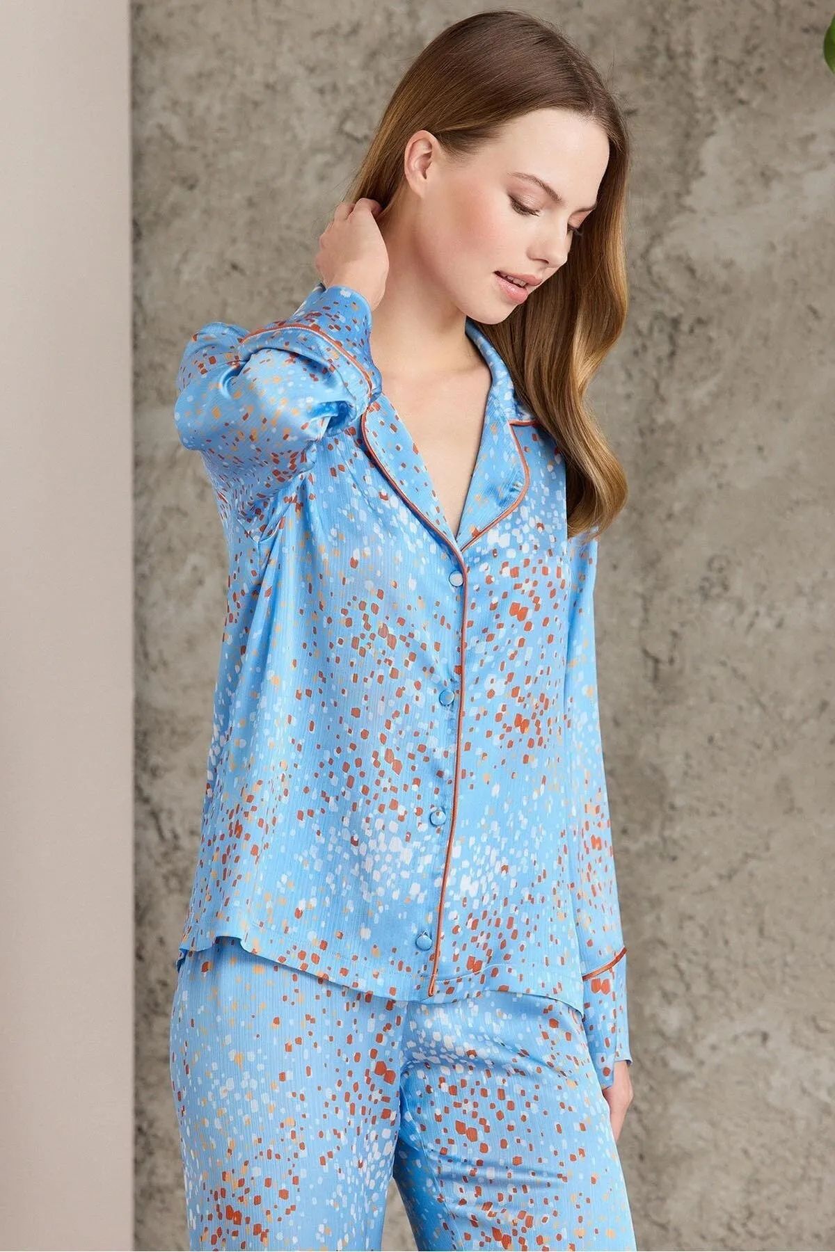 Pierre Cardin 1240 Kadın Saten Empirme Uzun Kollu Gömlek Pijama Takımı-Sky