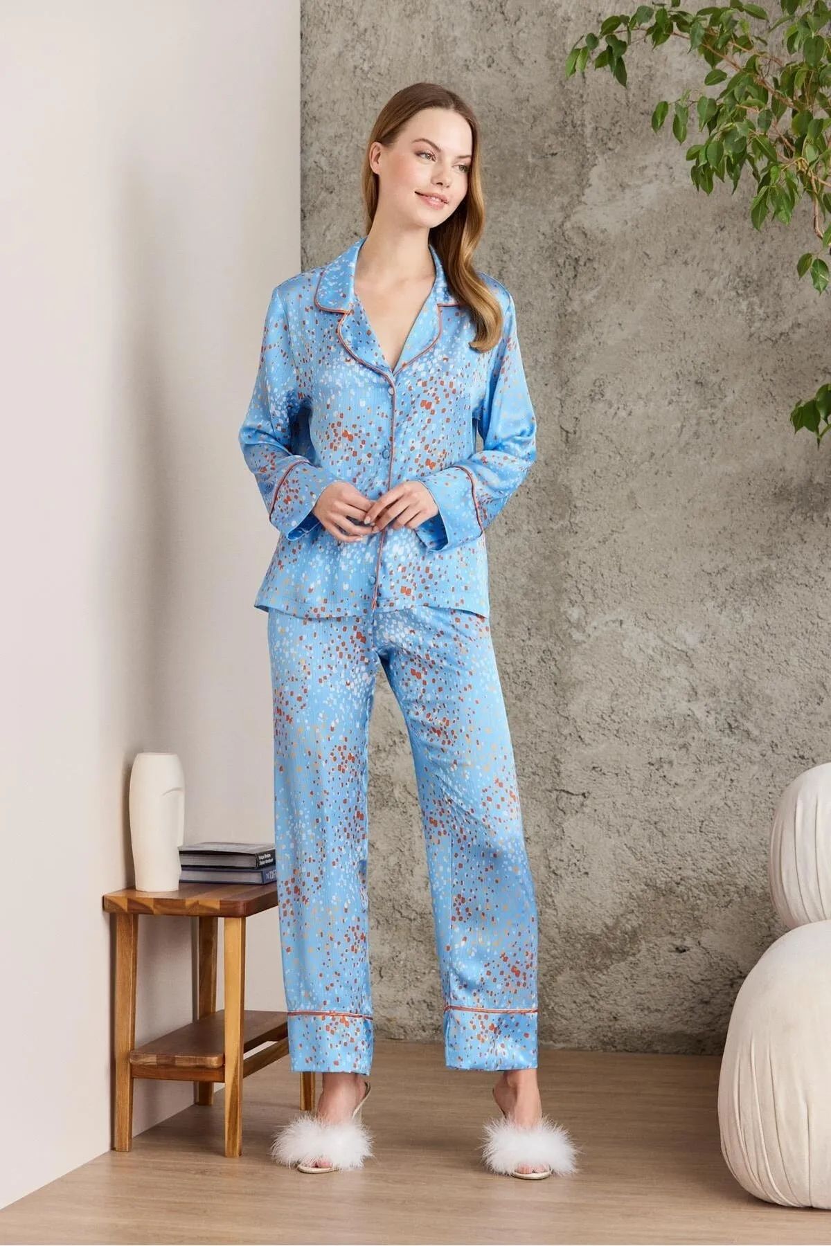 Pierre Cardin 1240 Kadın Saten Empirme Uzun Kollu Gömlek Pijama Takımı-Sky