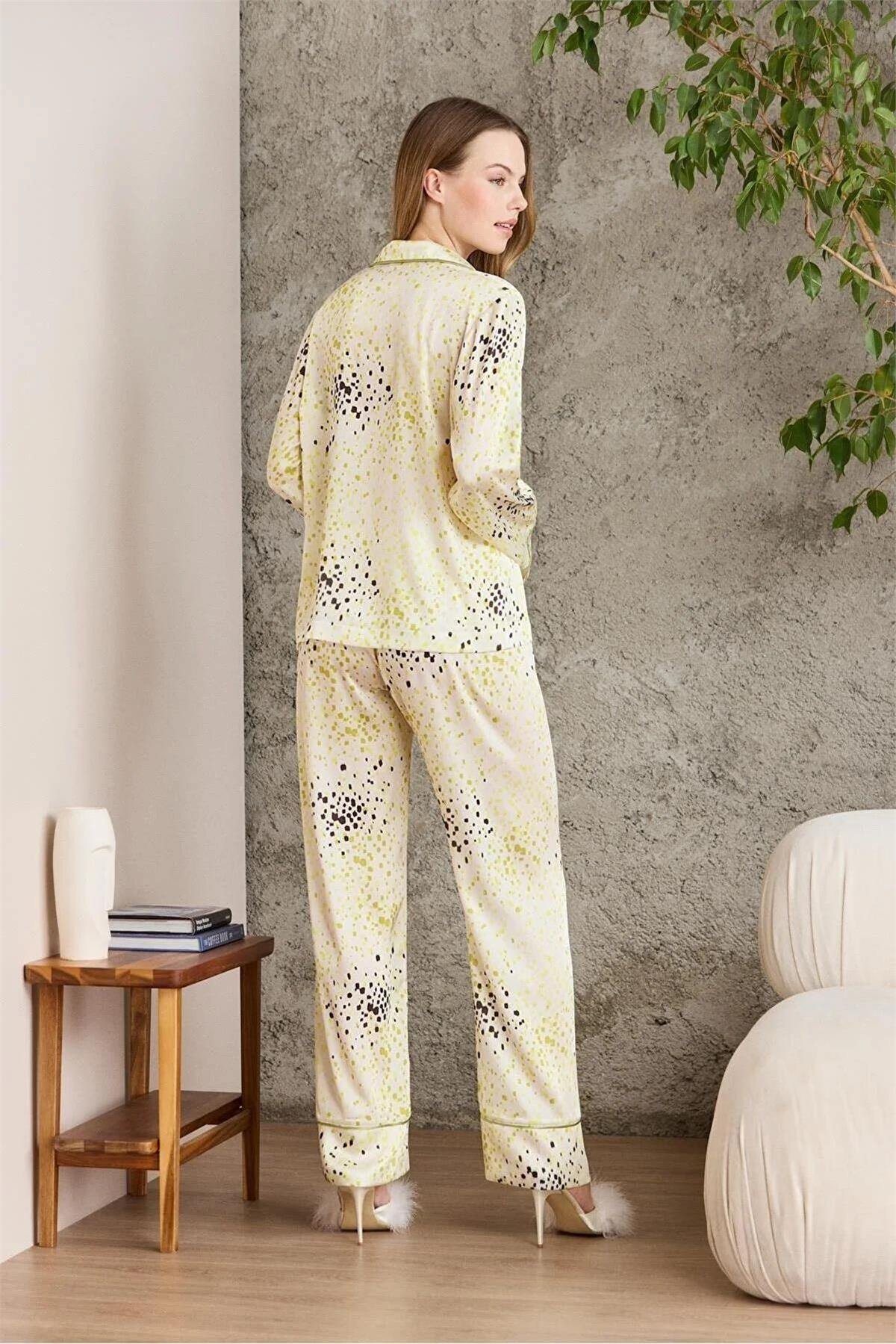 Pierre Cardin 1240 Kadın Saten Empirme Uzun Kollu Gömlek Pijama Takımı-Lime