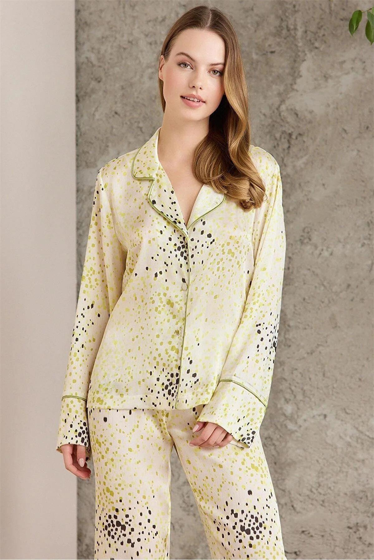 Pierre Cardin 1240 Kadın Saten Empirme Uzun Kollu Gömlek Pijama Takımı-Lime