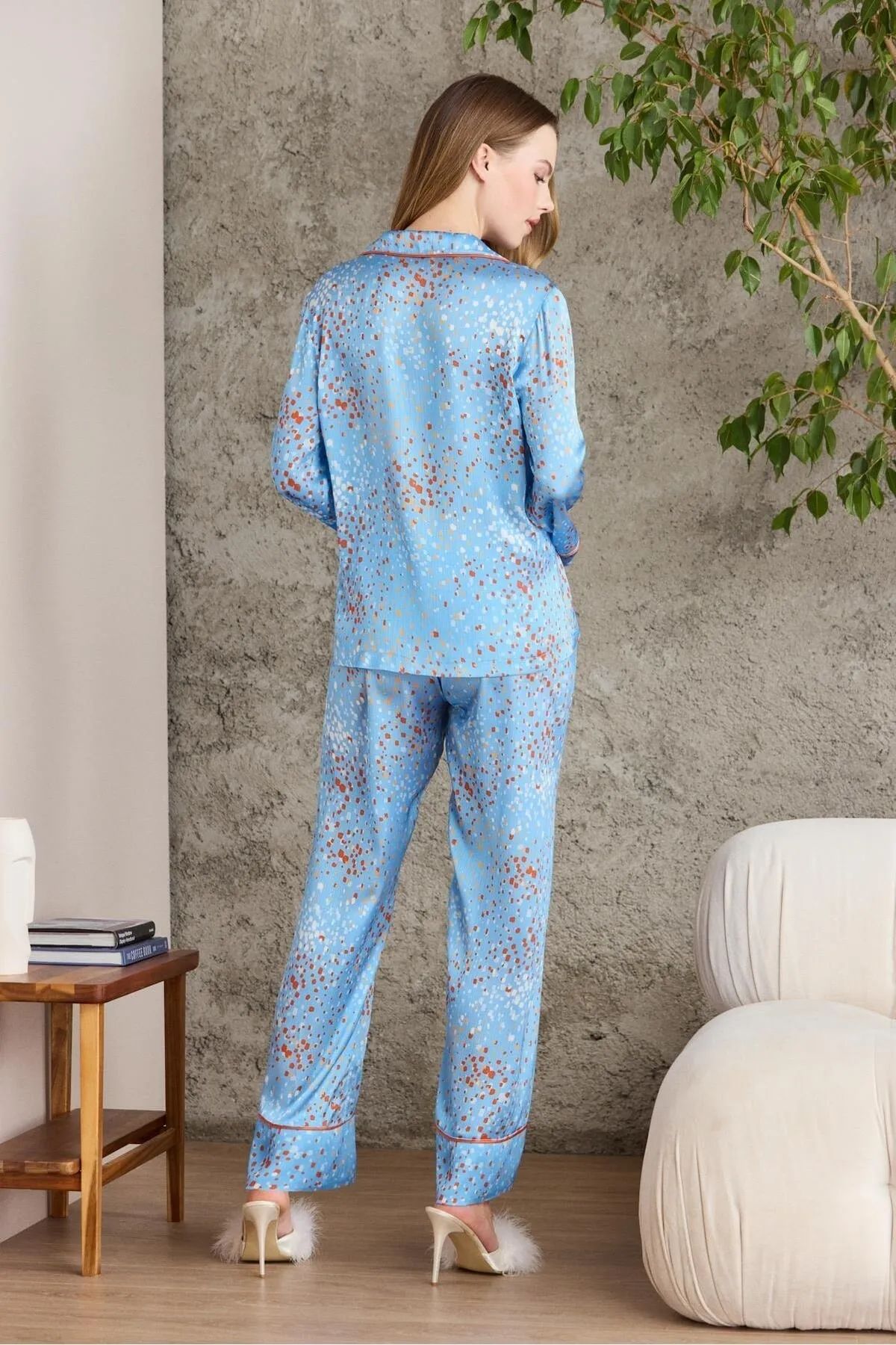 Pierre Cardin 1240 Kadın Saten Empirme Uzun Kollu Gömlek Pijama Takımı-Sky
