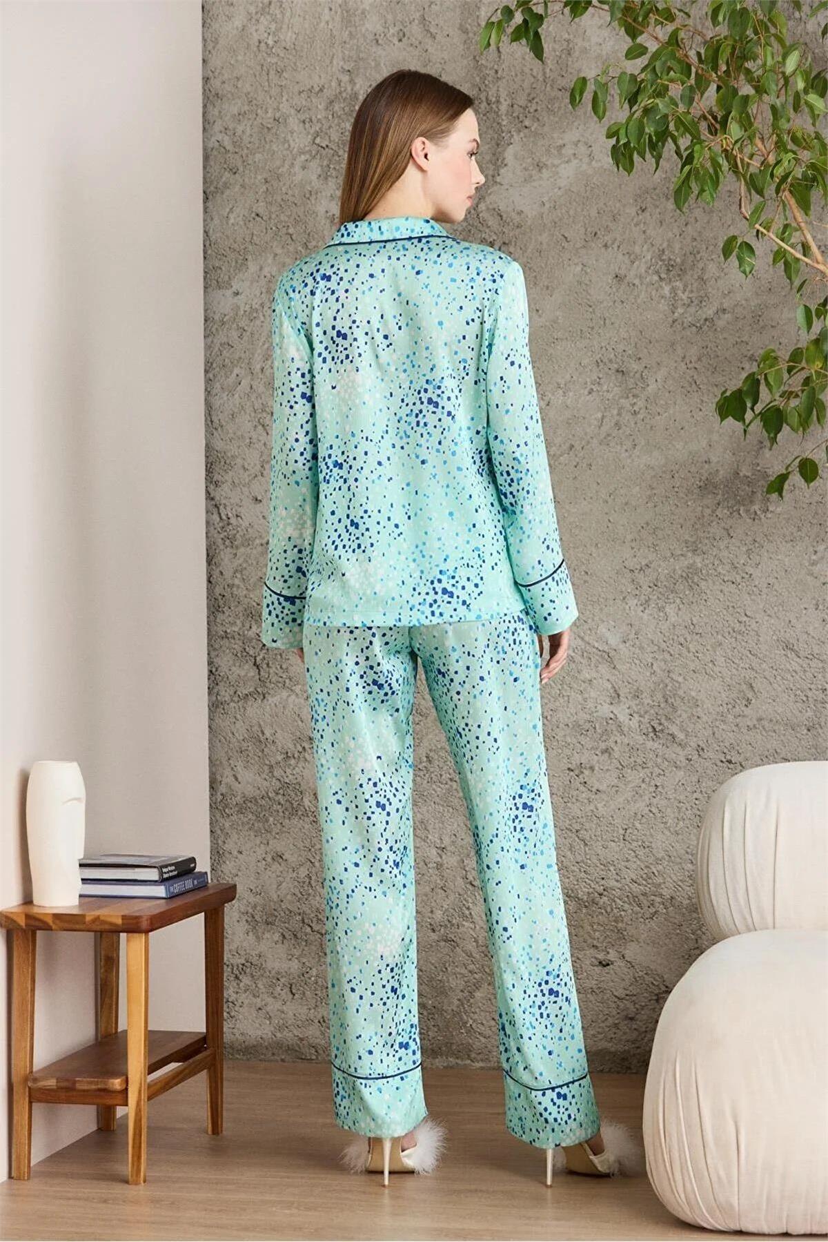 Pierre Cardin 1240 Kadın Saten Empirme Uzun Kollu Gömlek Pijama Takımı-Capri