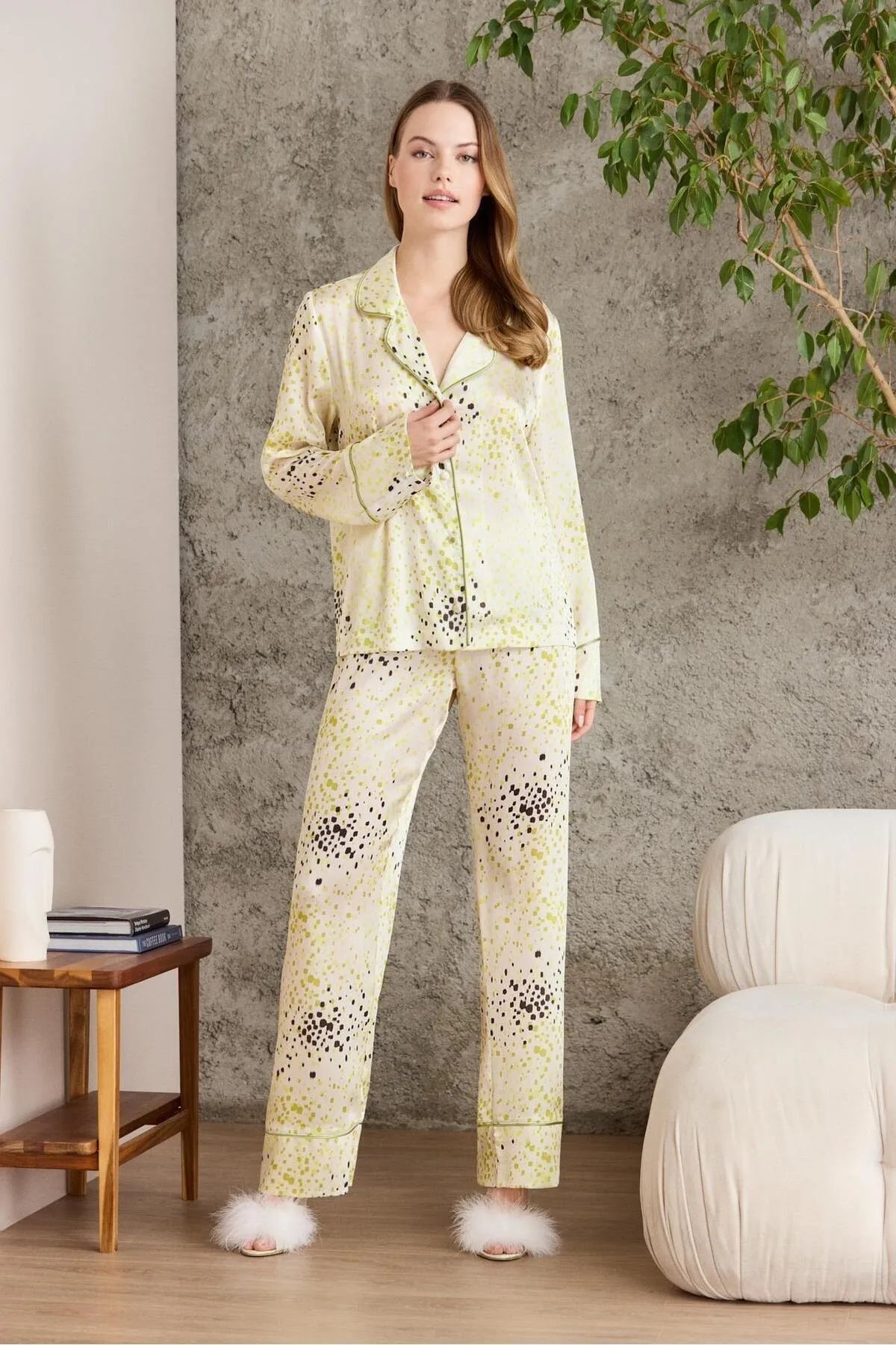 Pierre Cardin 1240 Kadın Saten Empirme Uzun Kollu Gömlek Pijama Takımı-Lime