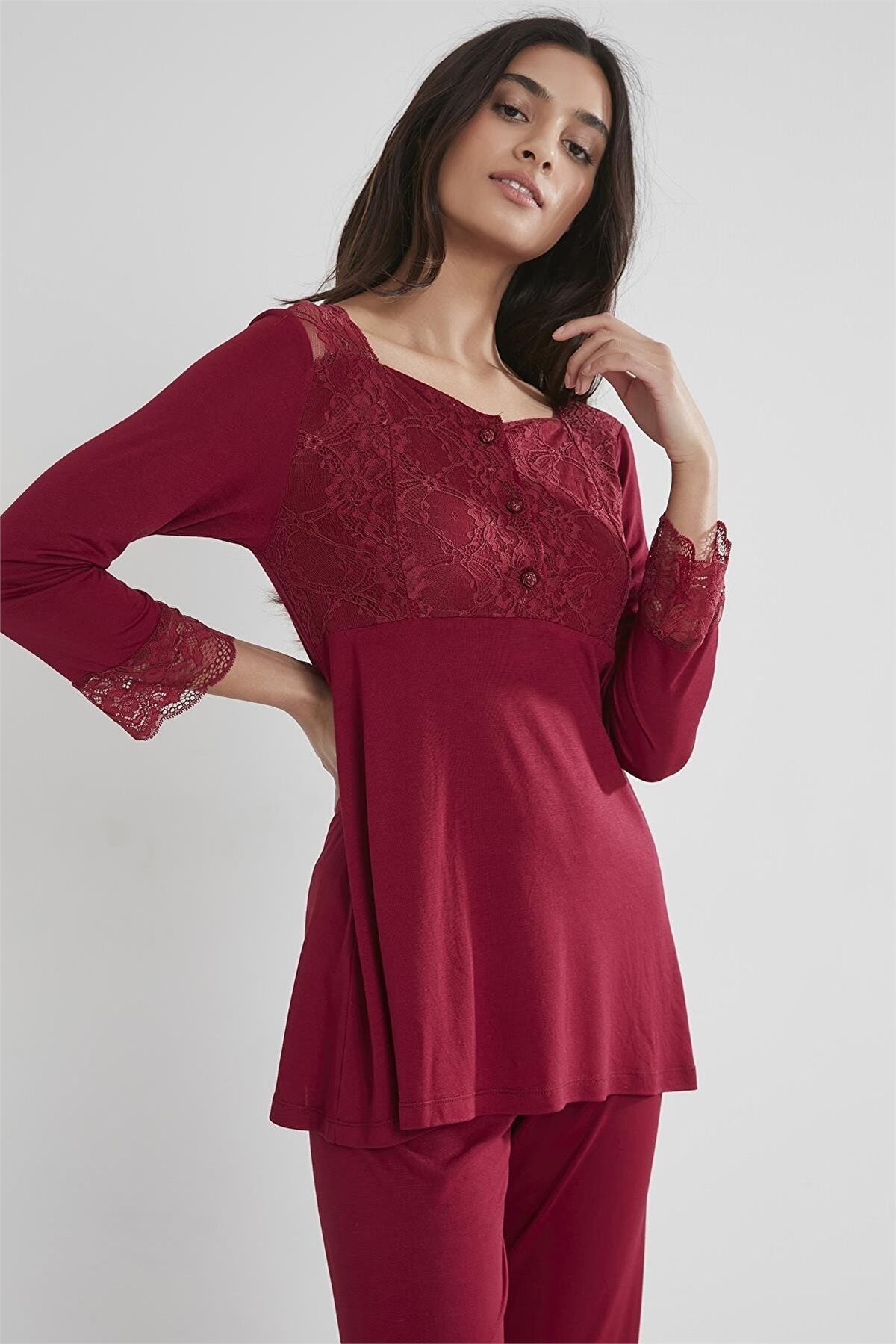 Pierre Cardin 1241 Kadın Penye Uzun Kollu Pijama Takımı-Bordo