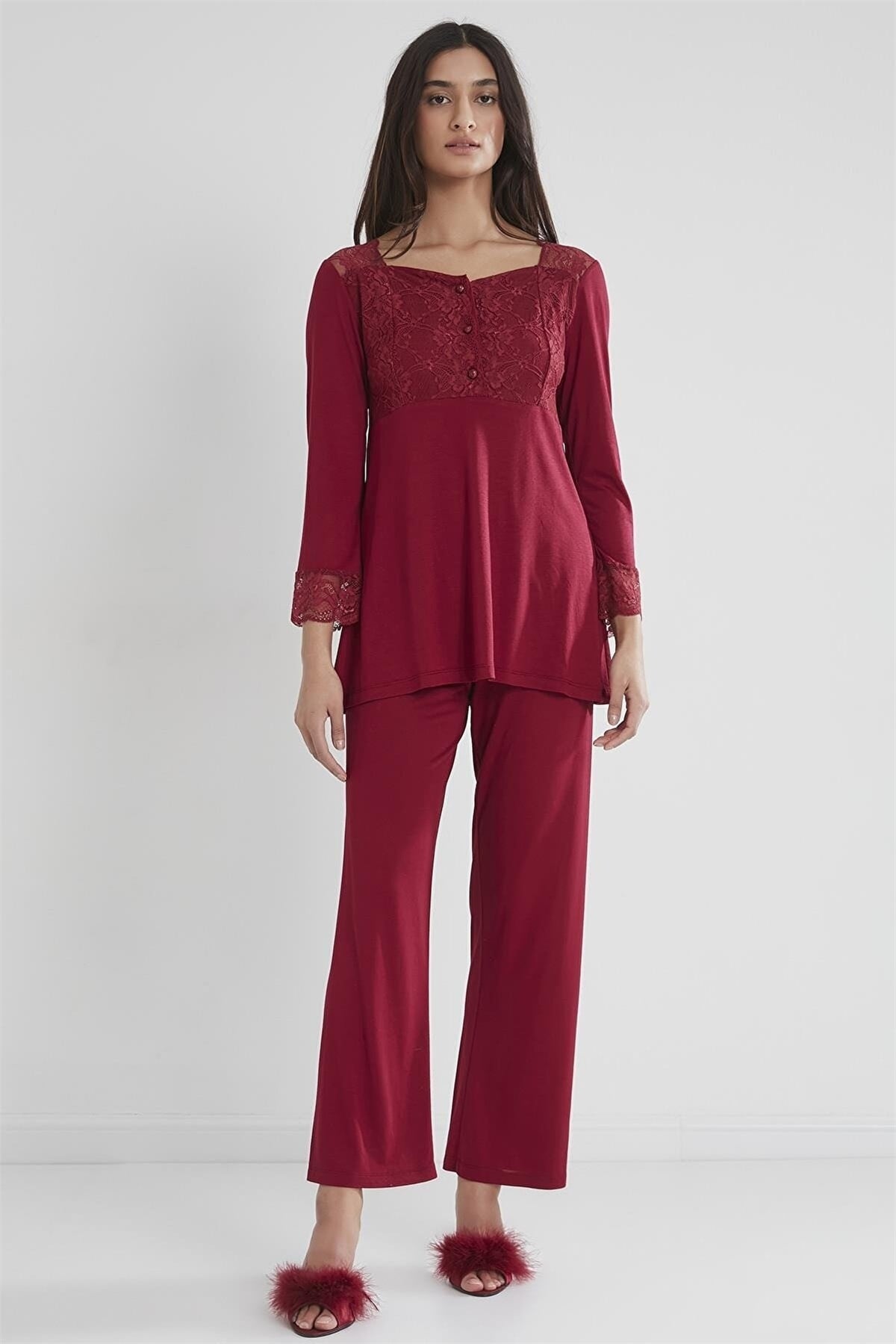 Pierre Cardin 1241 Kadın Penye Uzun Kollu Pijama Takımı-Bordo