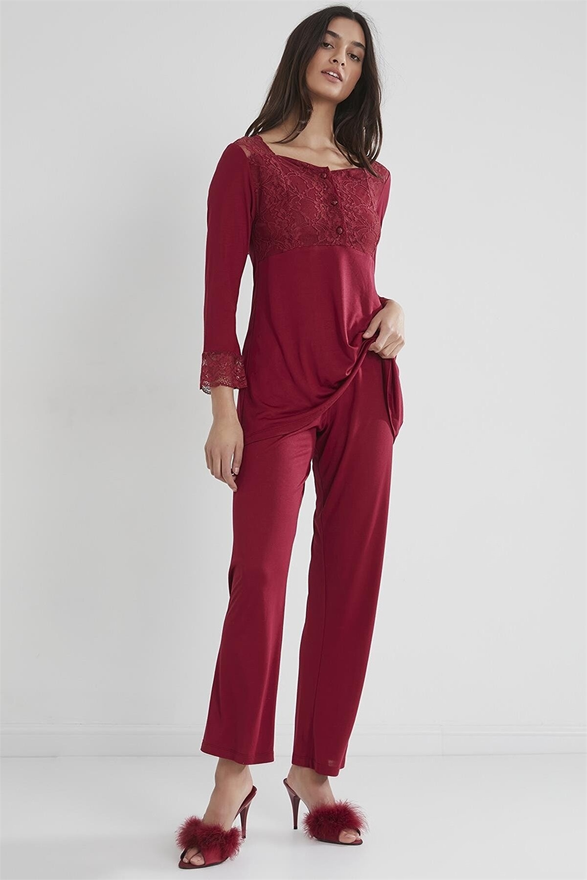 Pierre Cardin 1241 Kadın Penye Uzun Kollu Pijama Takımı-Bordo