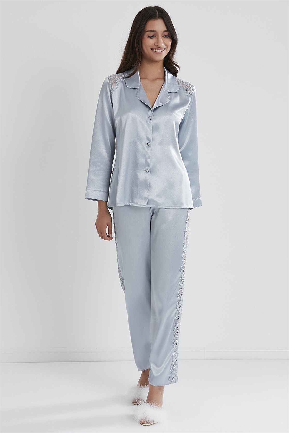 Pierre Cardin 1438 Kadın Saten Dantelli Pijama Takımı-Mist