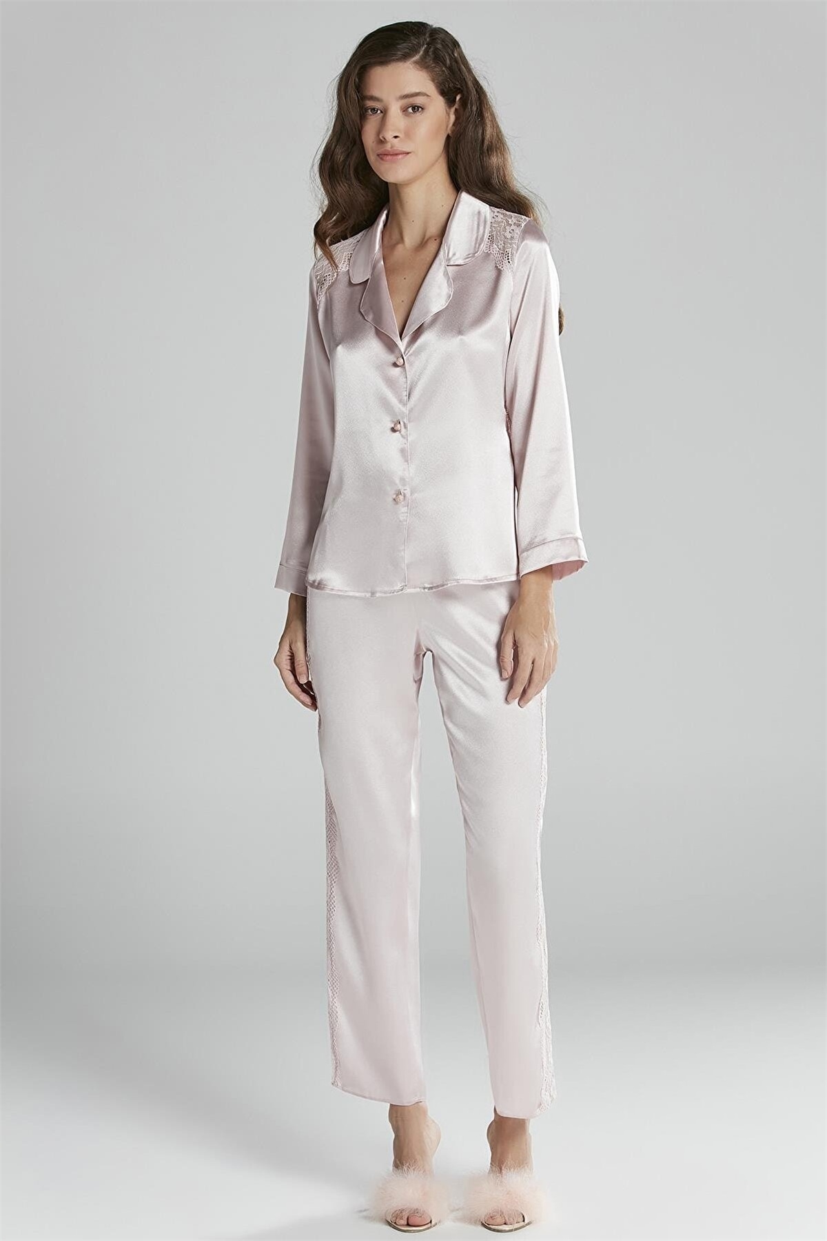 Pierre Cardin 1438 Kadın Saten Dantelli Pijama Takımı-Pudra