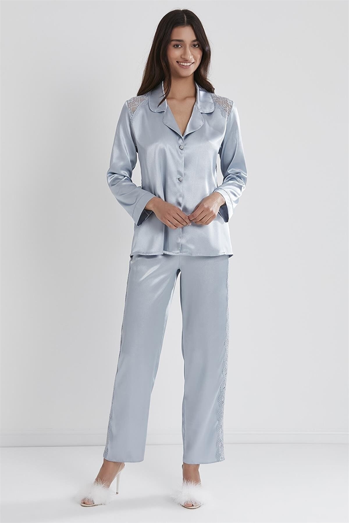 Pierre Cardin 1438 Kadın Saten Dantelli Pijama Takımı-Mist