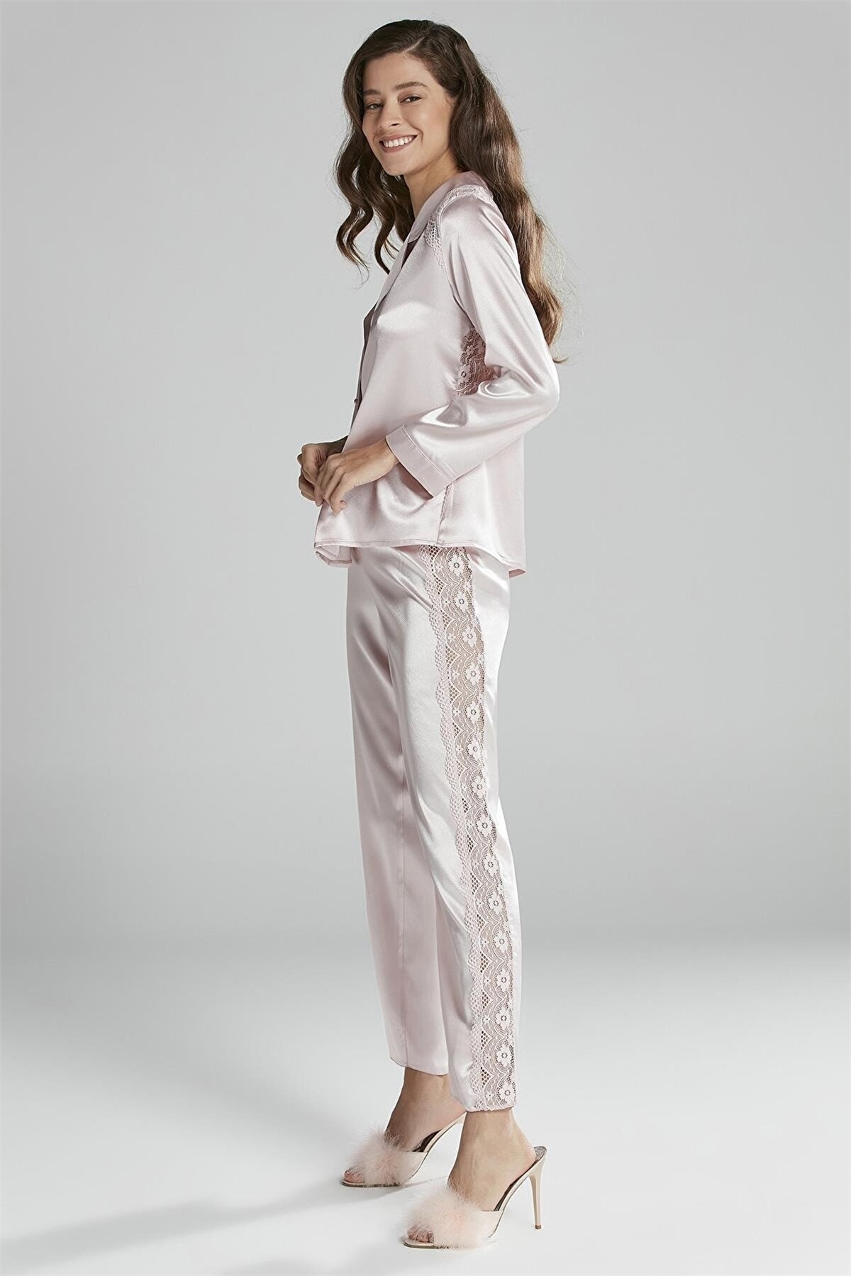 Pierre Cardin 1438 Kadın Saten Dantelli Pijama Takımı-Pudra