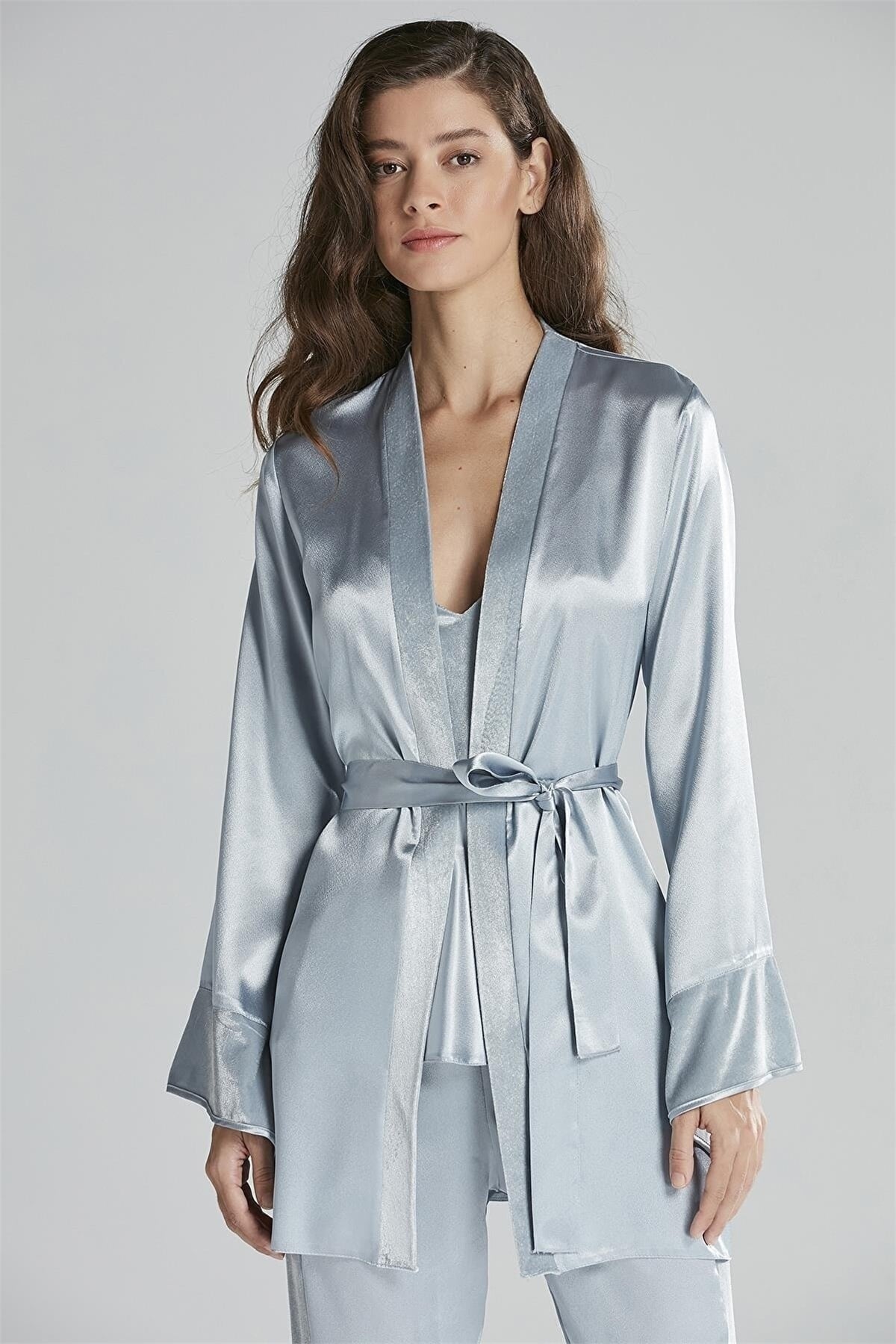 Pierre Cardin 2040 Kadın Kadife Saten Sabahlıklı Pijama Takım-Mist