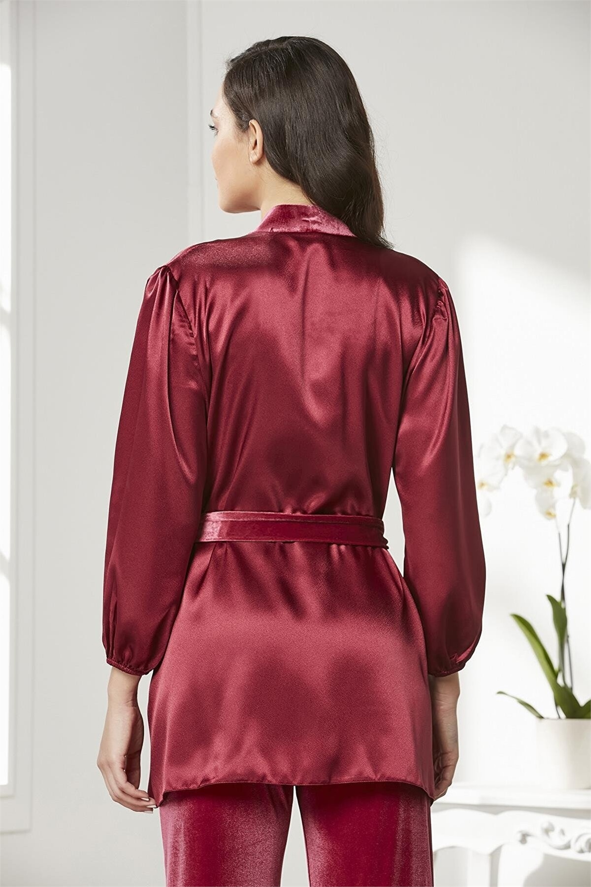 Pierre Cardin 2050 Kadın Kadife Saten Sabahlıklı Pijama Takım-Bordo
