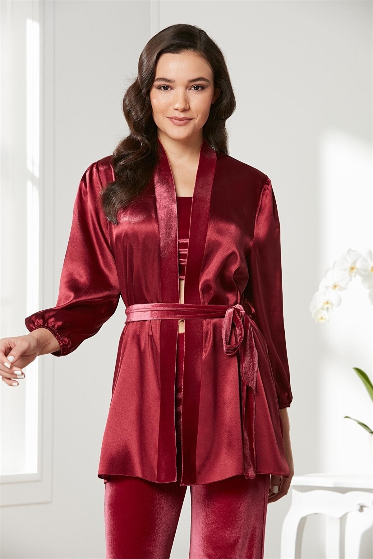 Pierre Cardin 2050 Kadın Kadife Saten Sabahlıklı Pijama Takım-Bordo