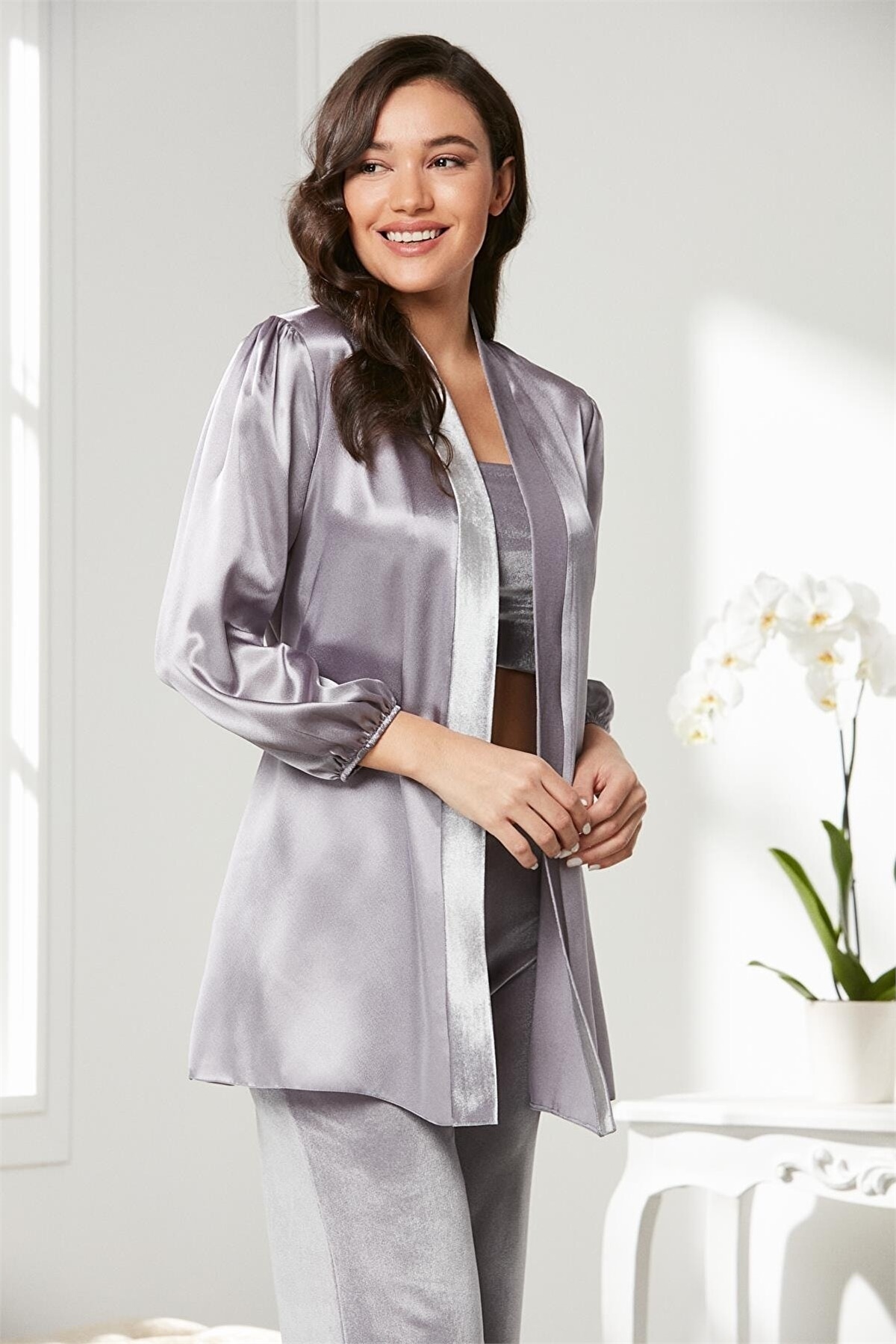 Pierre Cardin 2050 Kadın Kadife Saten Sabahlıklı Pijama Takım-Royal