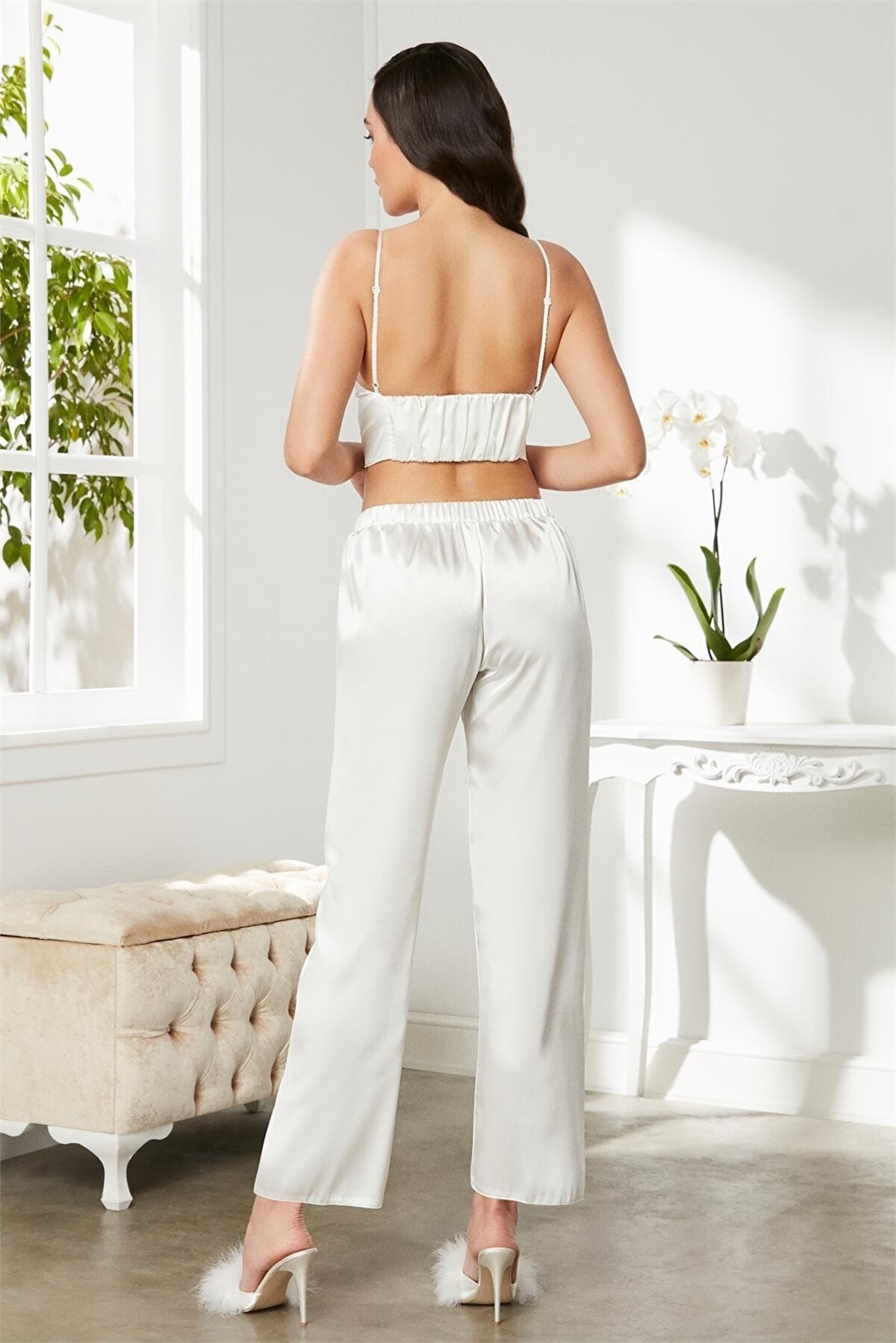 Pierre Cardin 2075 Kadın Saten Sabahlıklı Pijama Takım-Ekru