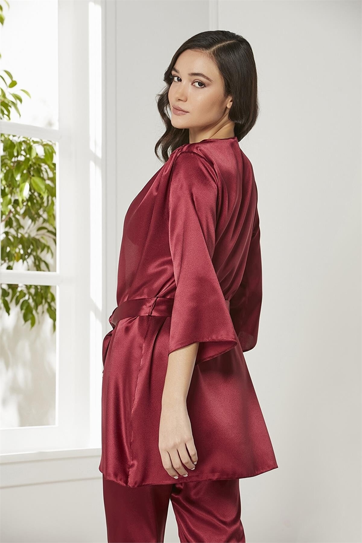 Pierre Cardin 2075 Kadın Saten Sabahlıklı Pijama Takım-Bordo