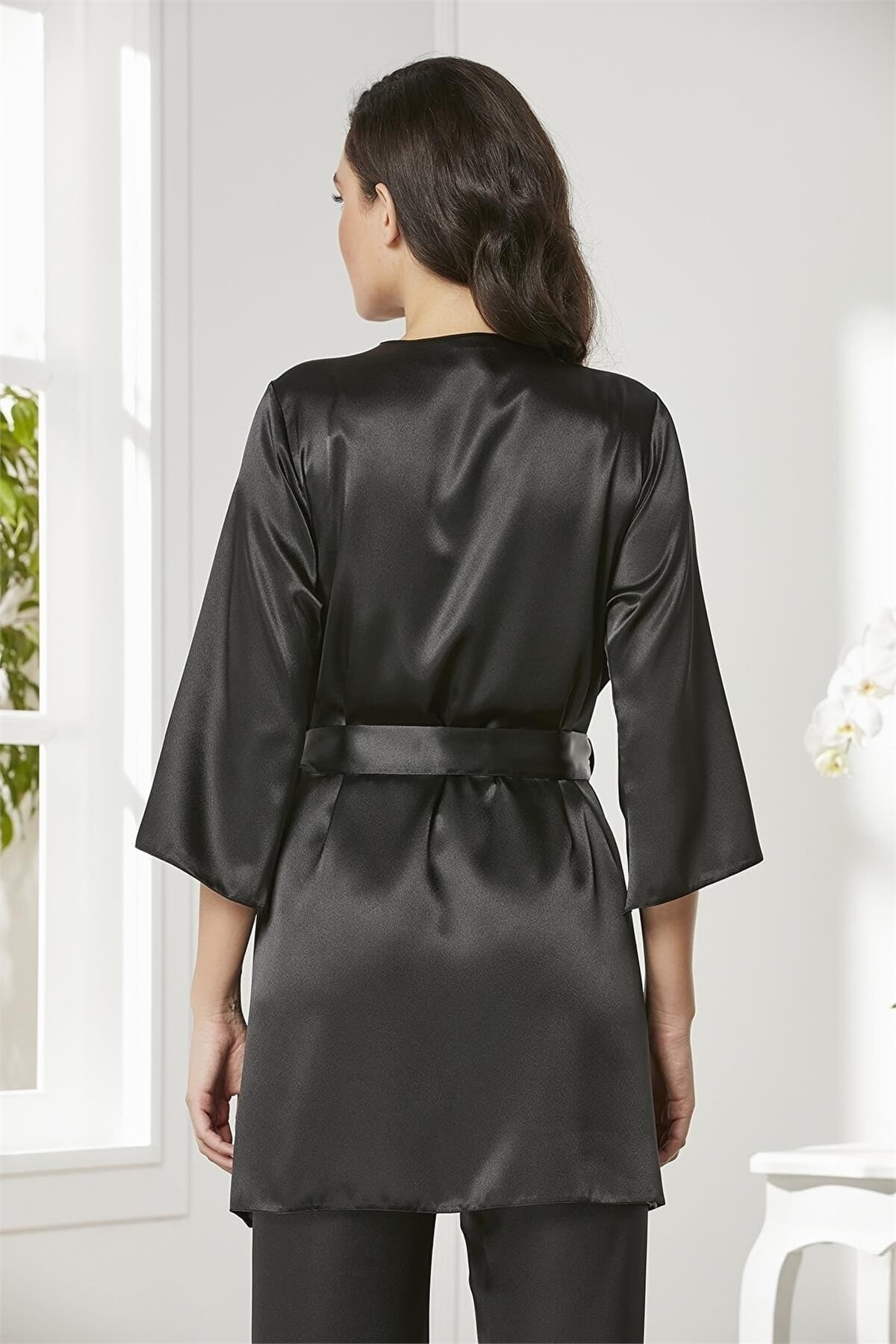 Pierre Cardin 2075 Kadın Saten Sabahlıklı Pijama Takım-Siyah
