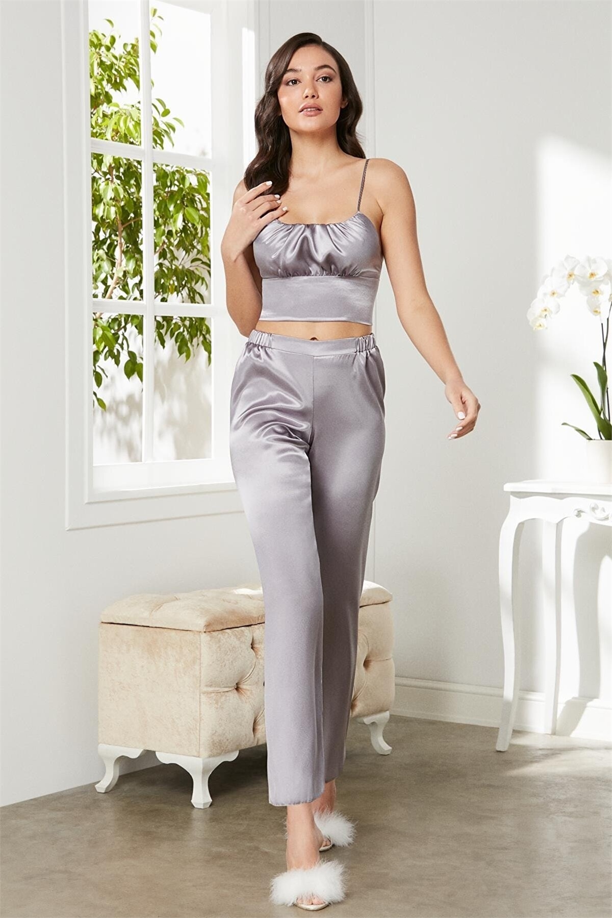 Pierre Cardin 2075 Kadın Saten Sabahlıklı Pijama Takım-Royal