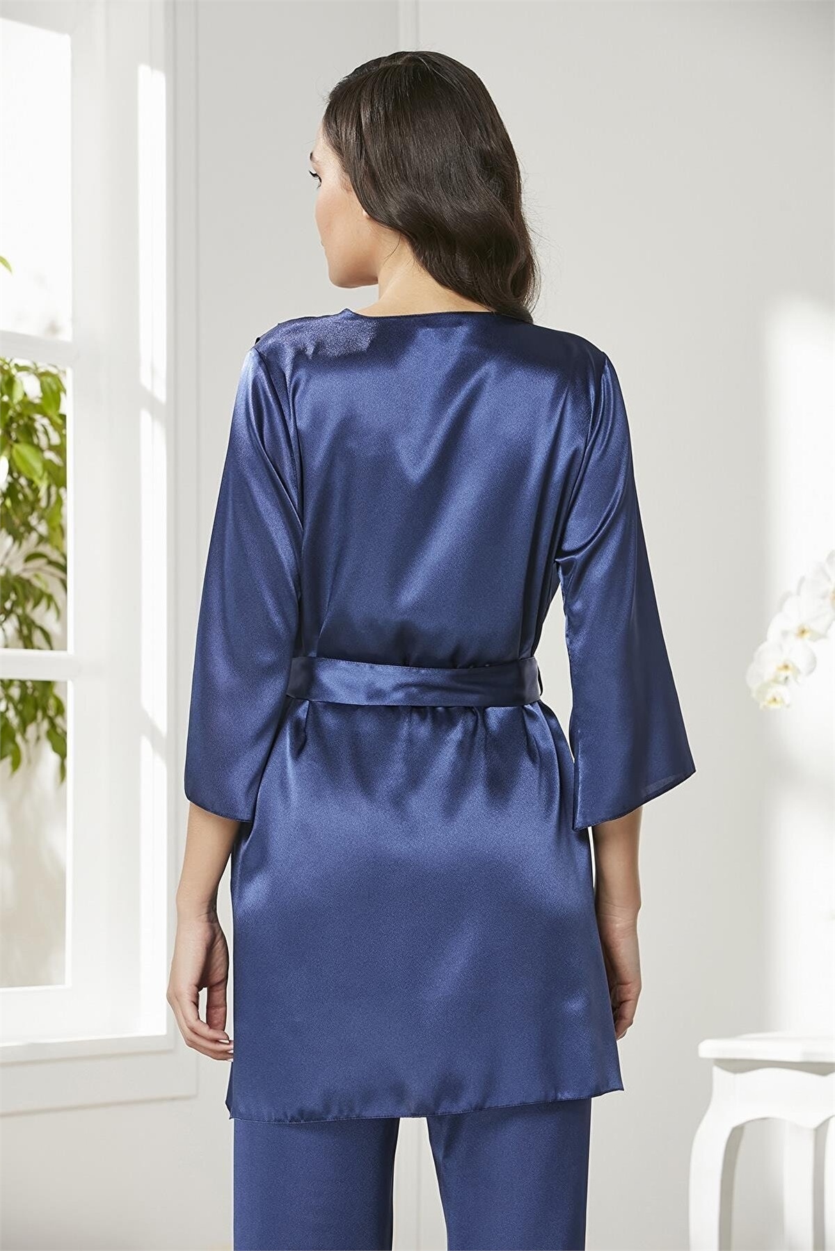 Pierre Cardin 2075 Kadın Saten Sabahlıklı Pijama Takım-Lacivert