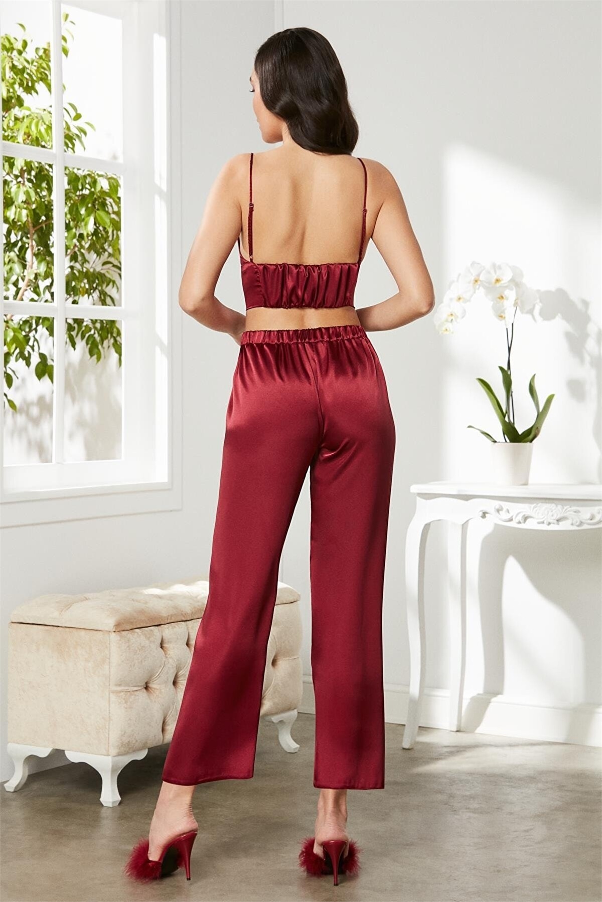 Pierre Cardin 2075 Kadın Saten Sabahlıklı Pijama Takım-Bordo