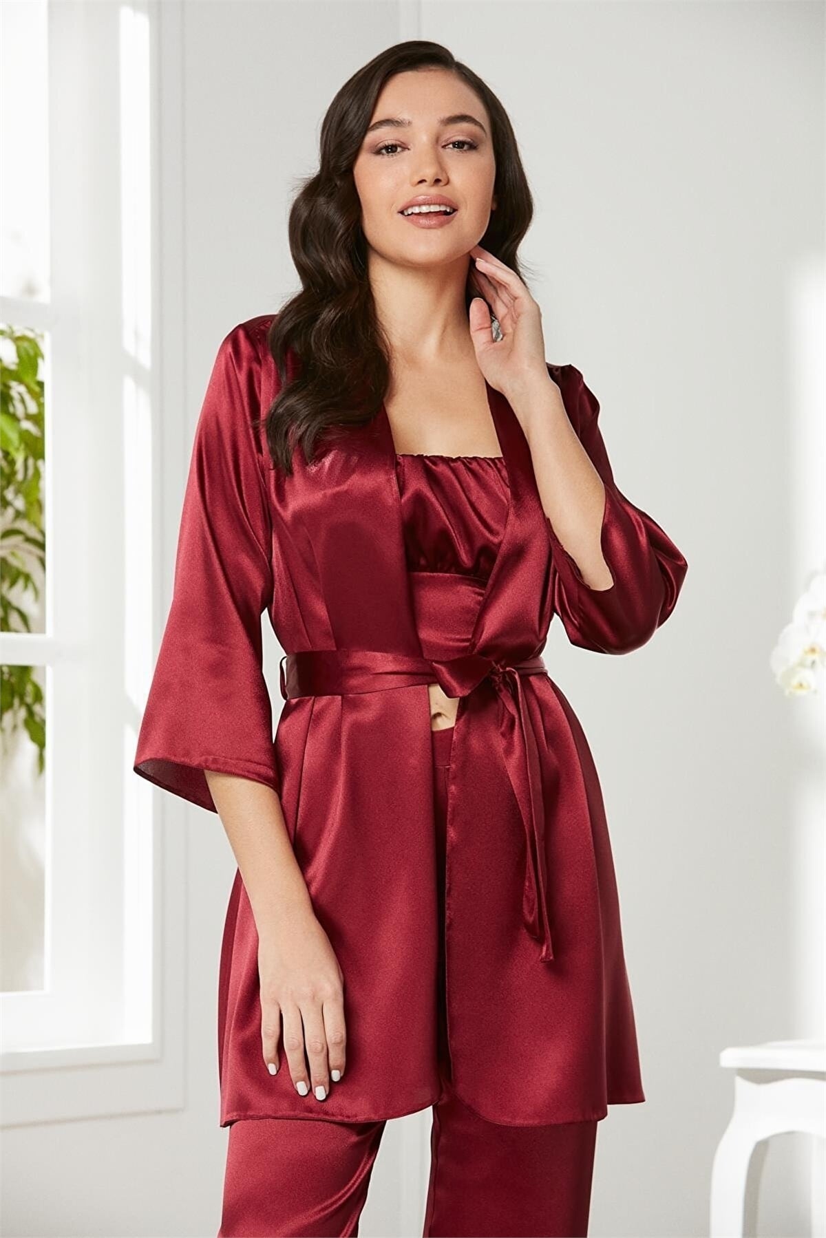 Pierre Cardin 2075 Kadın Saten Sabahlıklı Pijama Takım-Bordo