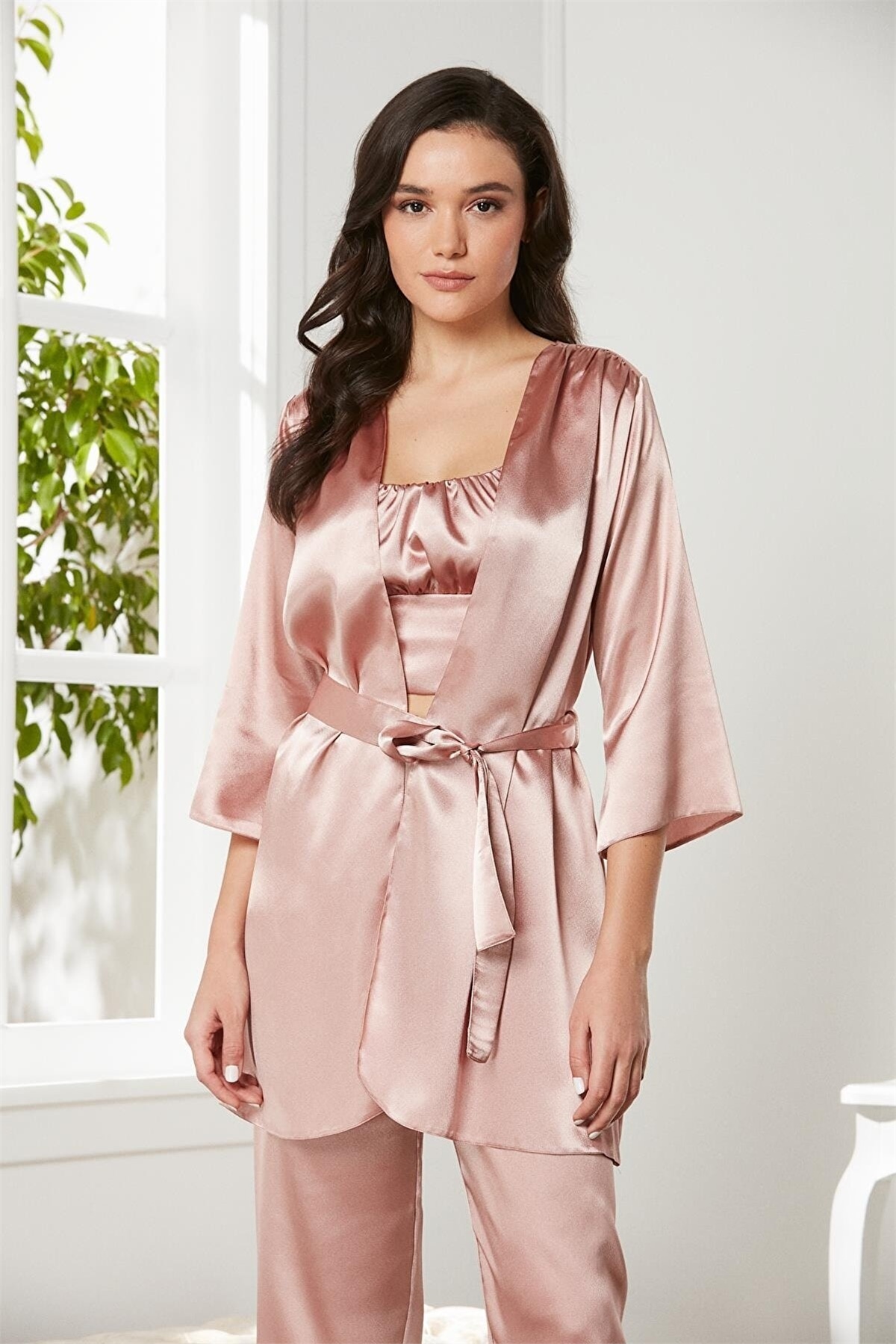 Pierre Cardin 2075 Kadın Saten Sabahlıklı Pijama Takım-Brandy