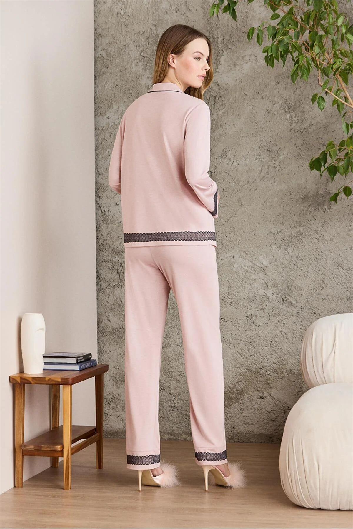 Pierre Cardin 2200 Kadın Uzun Kollu Gömlek Pijama Takımı-Pudra