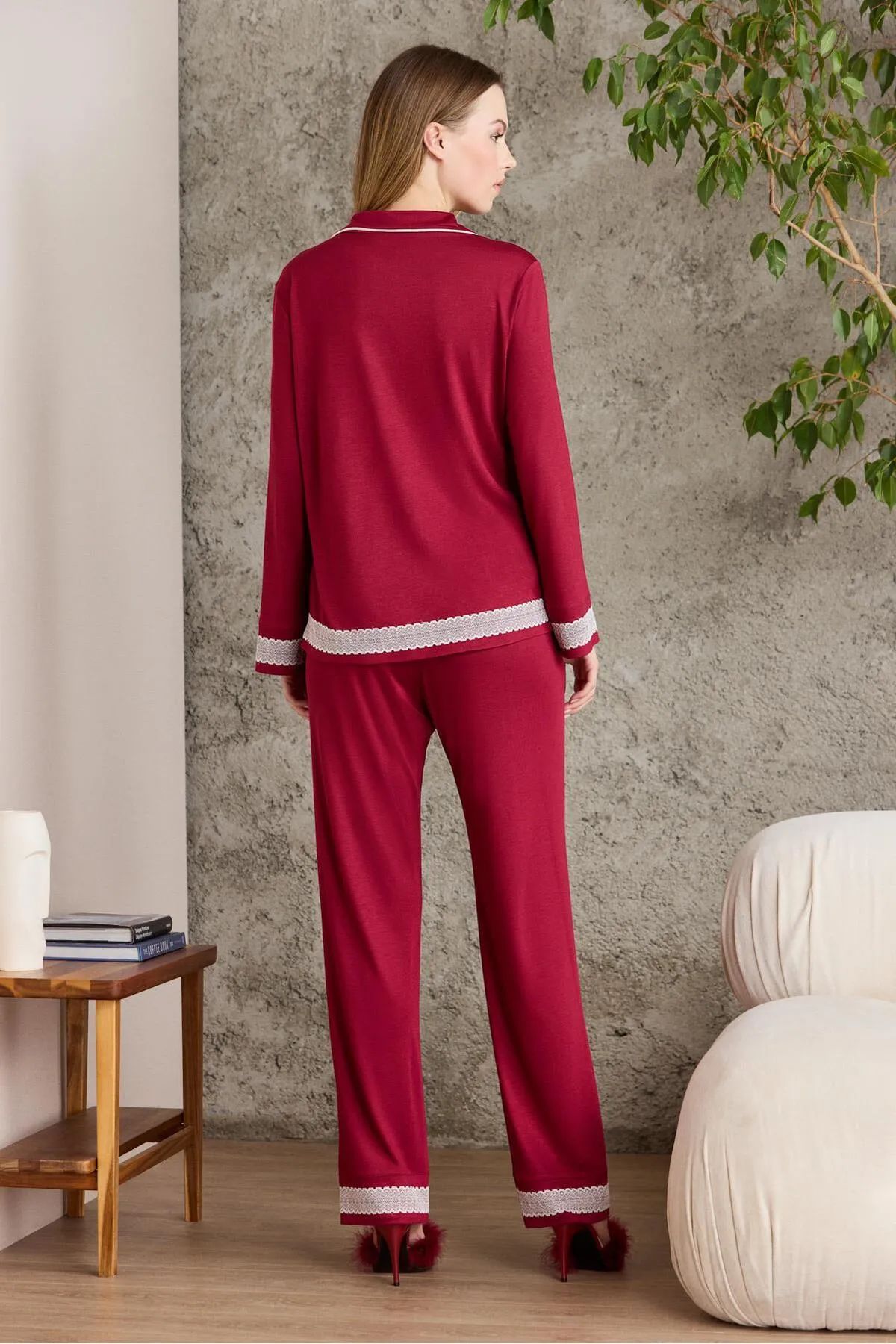 Pierre Cardin 2200 Kadın Uzun Kollu Gömlek Pijama Takımı-Bordo