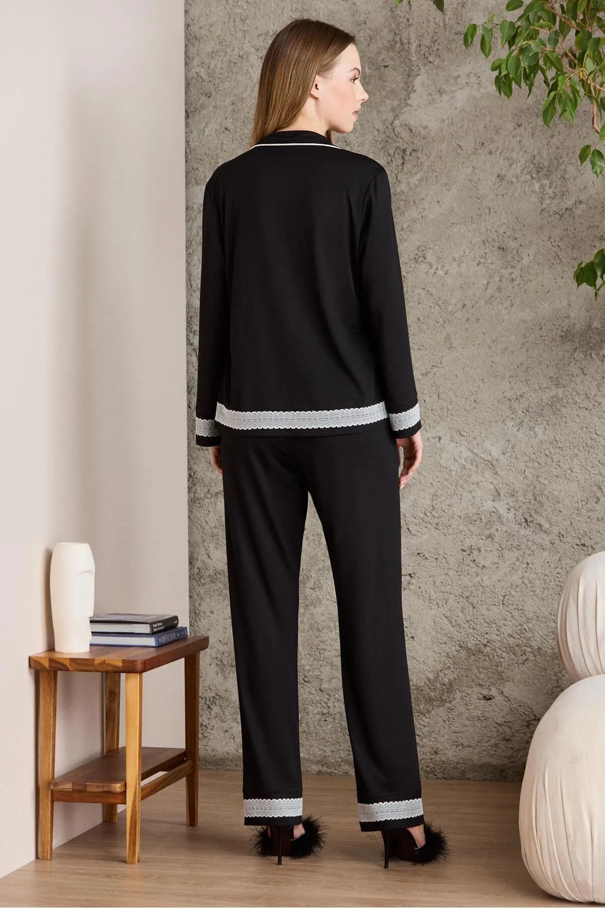 Pierre Cardin 2200 Kadın Uzun Kollu Gömlek Pijama Takımı-Siyah