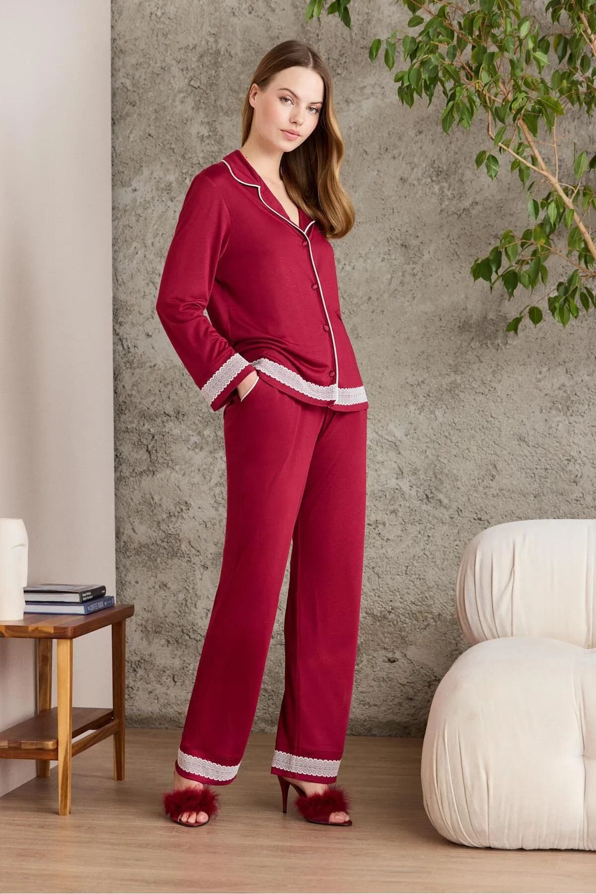 Pierre Cardin 2200 Kadın Uzun Kollu Gömlek Pijama Takımı-Bordo