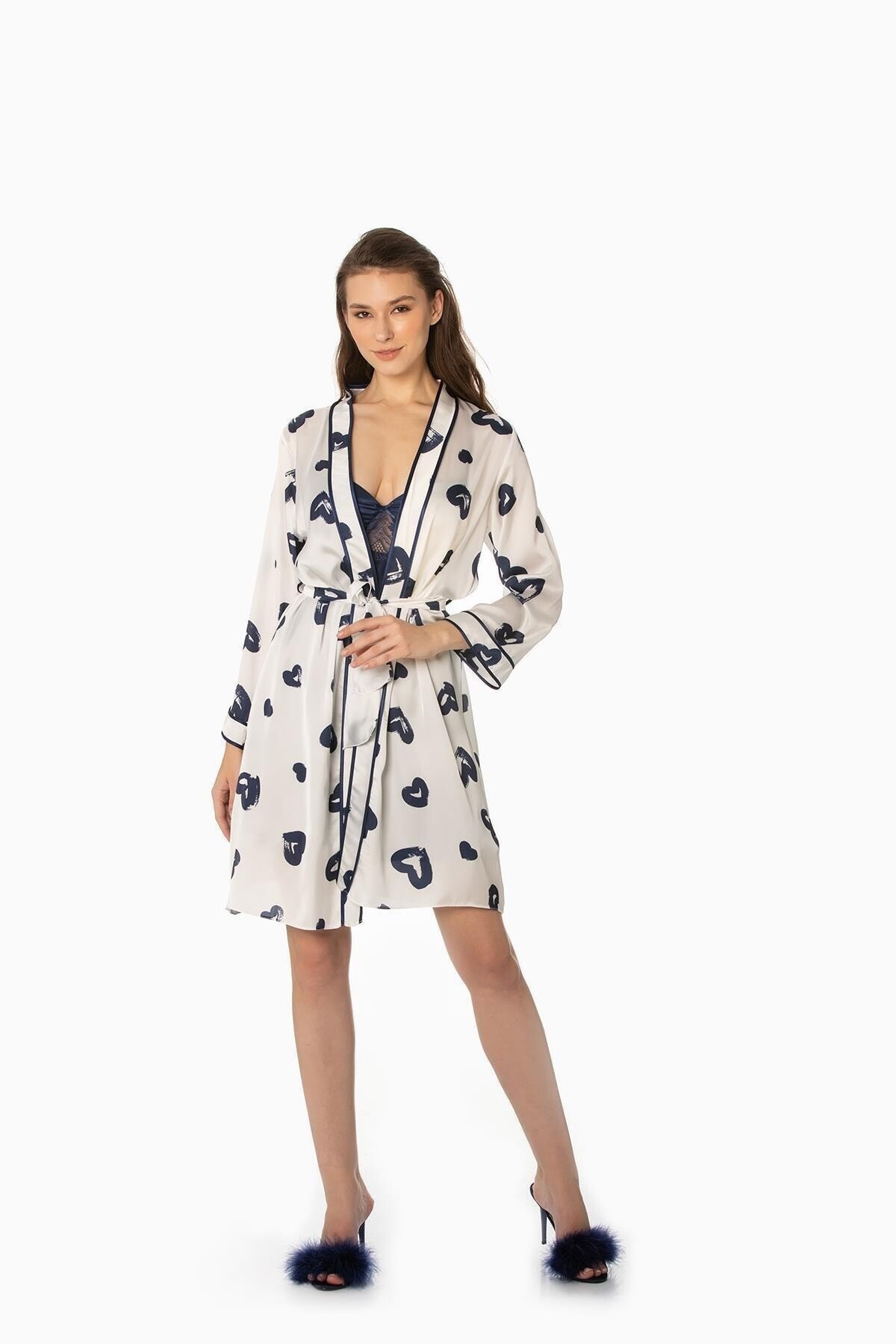 Pierre Cardin 2406 Kadın Saten Emprime Gecelik&Sabahlık Takım - Lacivert