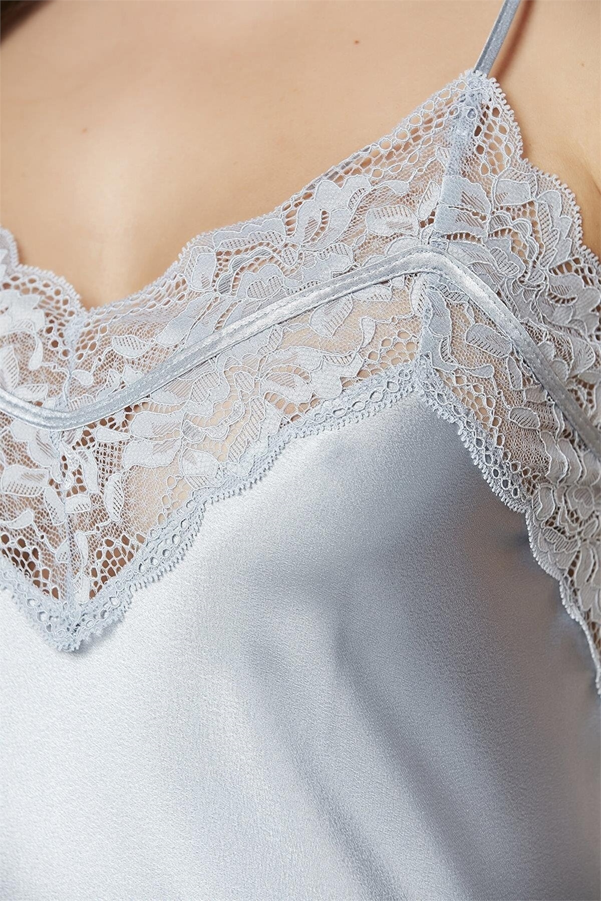 Pierre Cardin 2475 Kadın Sabahlıklı İp Askılı Saten Dantelli Şort Takım-Mist