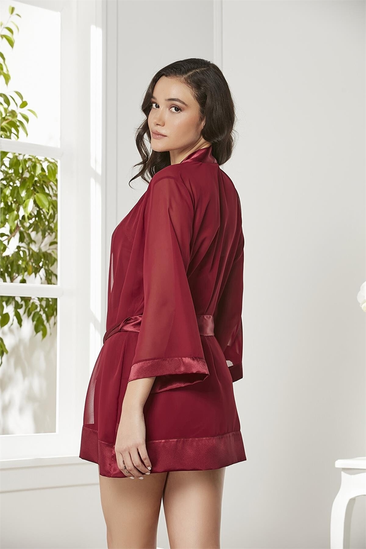 Pierre Cardin 2475 Kadın Sabahlıklı İp Askılı Saten Dantelli Şort Takım-Bordo