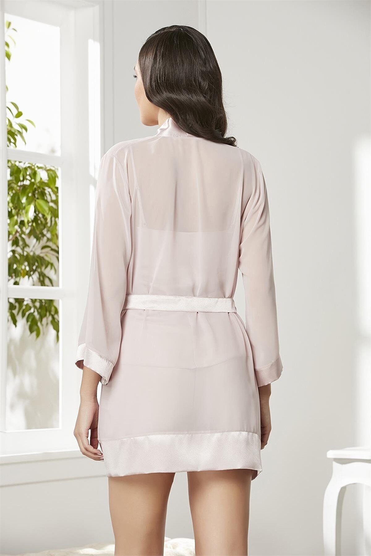 Pierre Cardin 2475 Kadın Sabahlıklı İp Askılı Saten Dantelli Şort Takım-Pudra