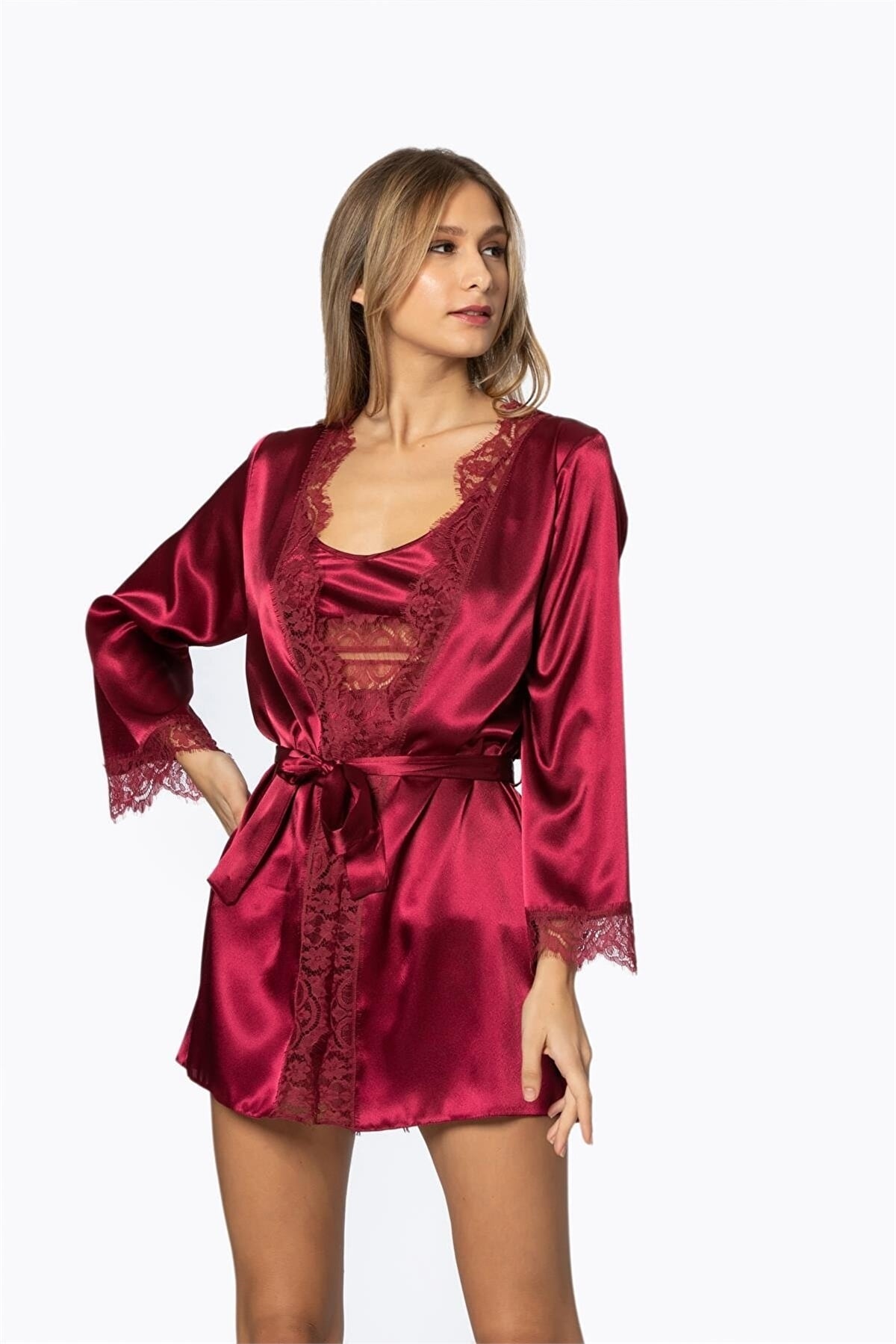 Pierre Cardin 2490 Kadın Sabahlıklı İp Askılı Saten Dantelli Şort Takım-Bordo