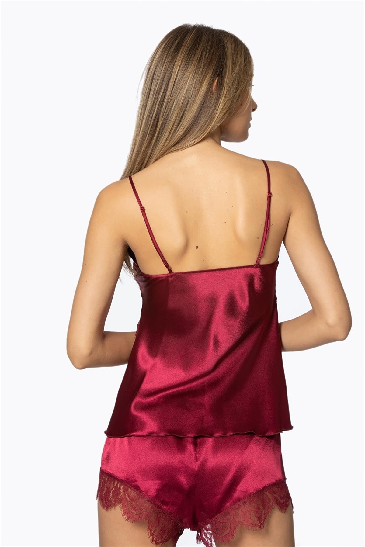 Pierre Cardin 2490 Kadın Sabahlıklı İp Askılı Saten Dantelli Şort Takım-Bordo