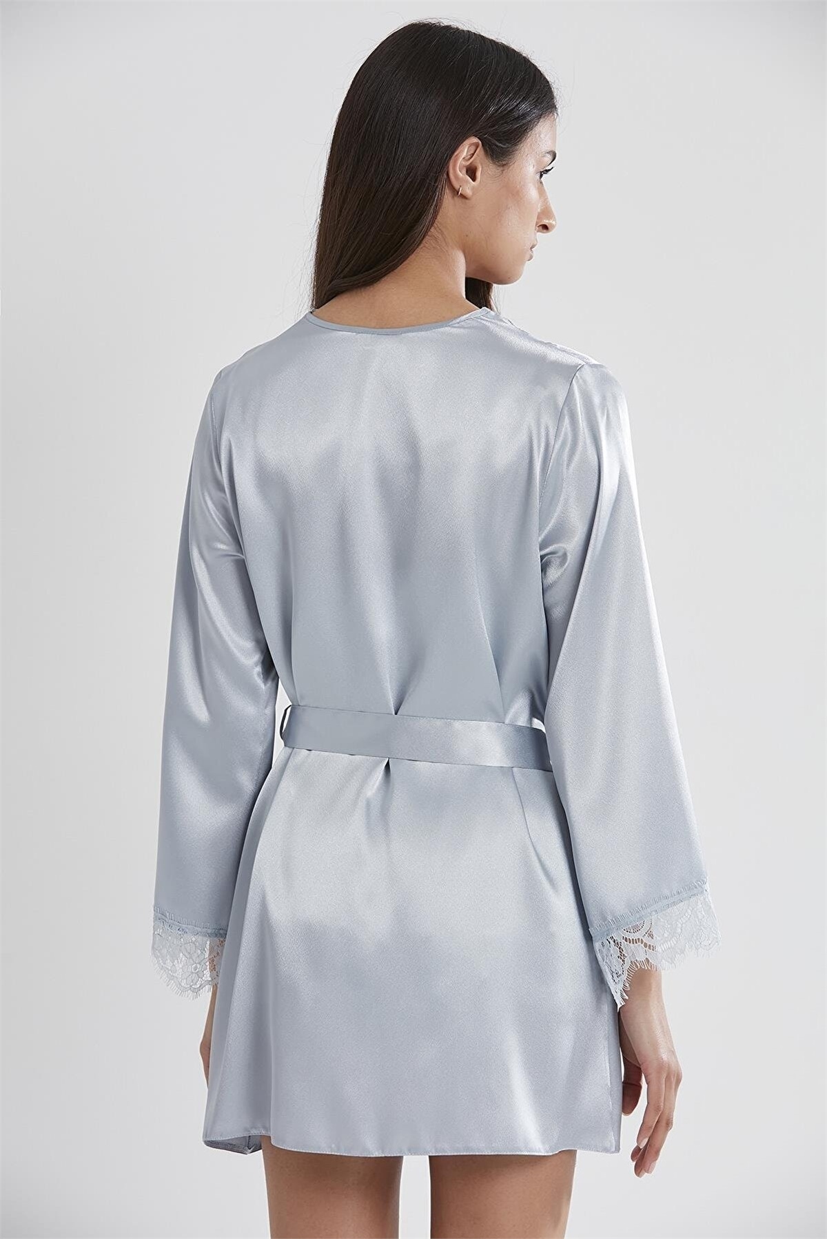 Pierre Cardin 2490 Kadın Sabahlıklı İp Askılı Saten Dantelli Şort Takım-Mist