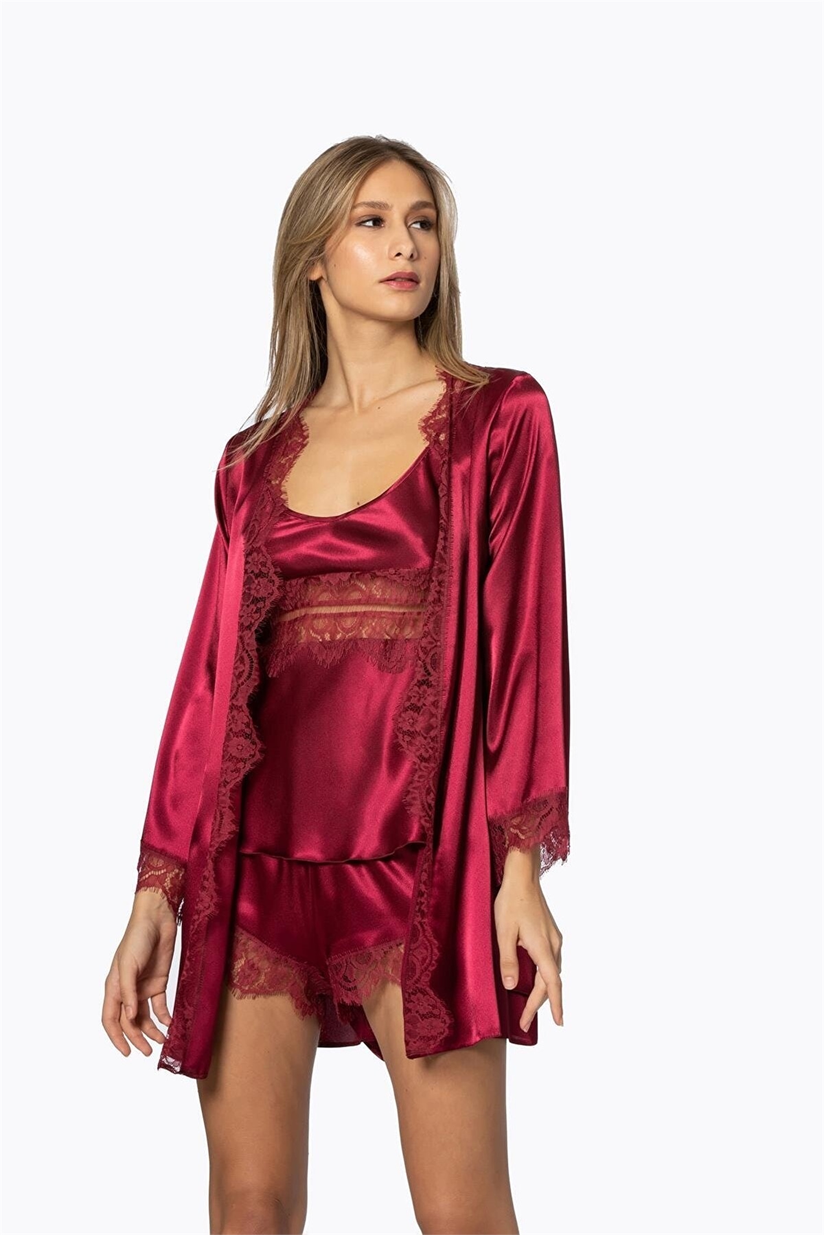 Pierre Cardin 2490 Kadın Sabahlıklı İp Askılı Saten Dantelli Şort Takım-Bordo