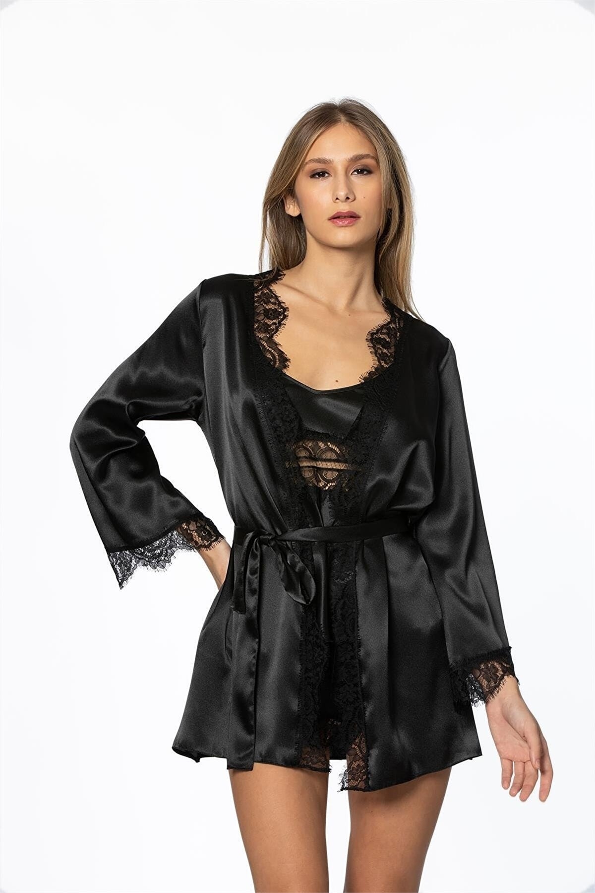 Pierre Cardin 2490 Kadın Sabahlıklı İp Askılı Saten Dantelli Şort Takım-Siyah