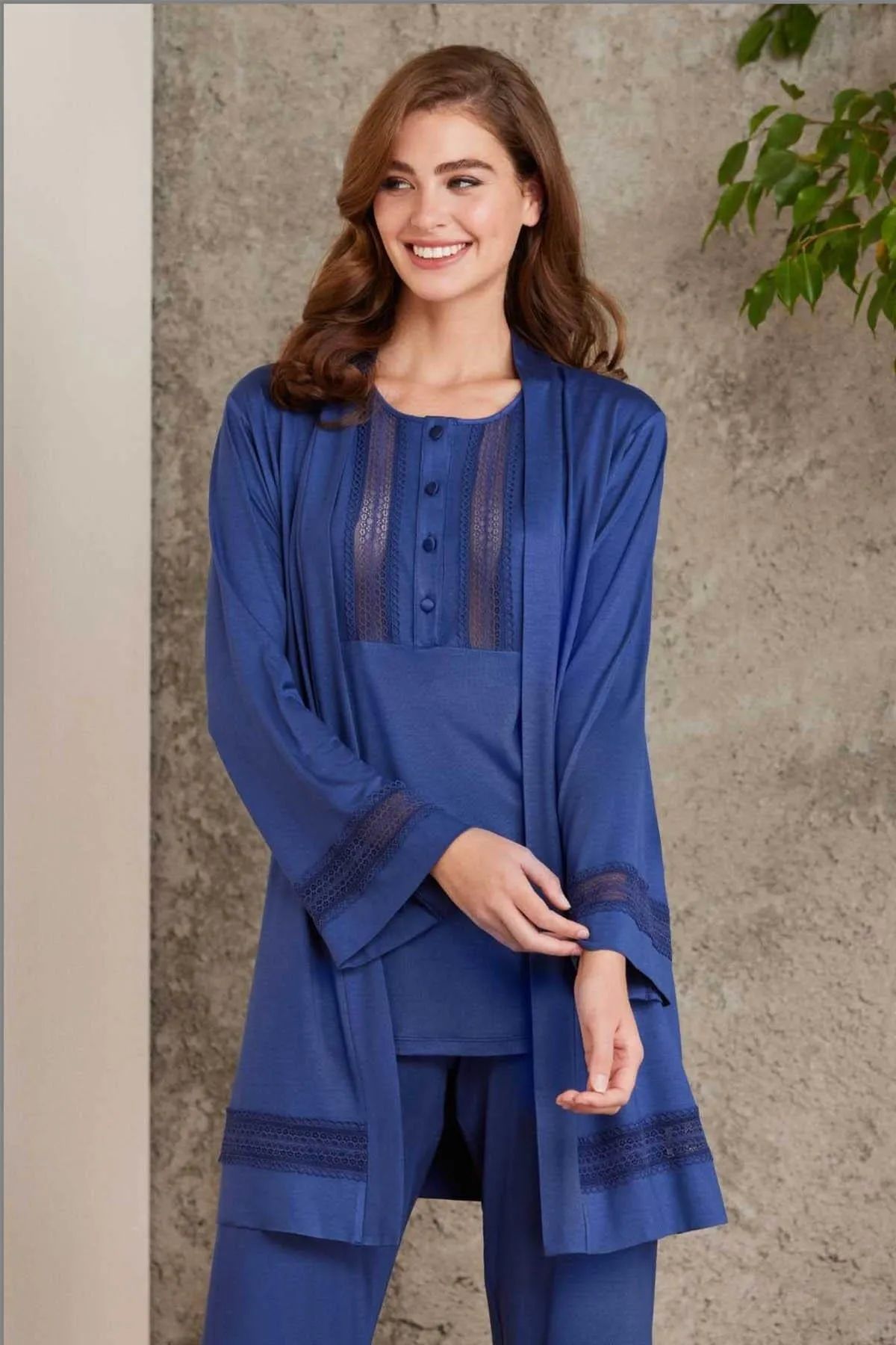 Pierre Cardin 2800 Kadın Penye Dantelli Sabahlıklı Pijama Takım-Lacivert
