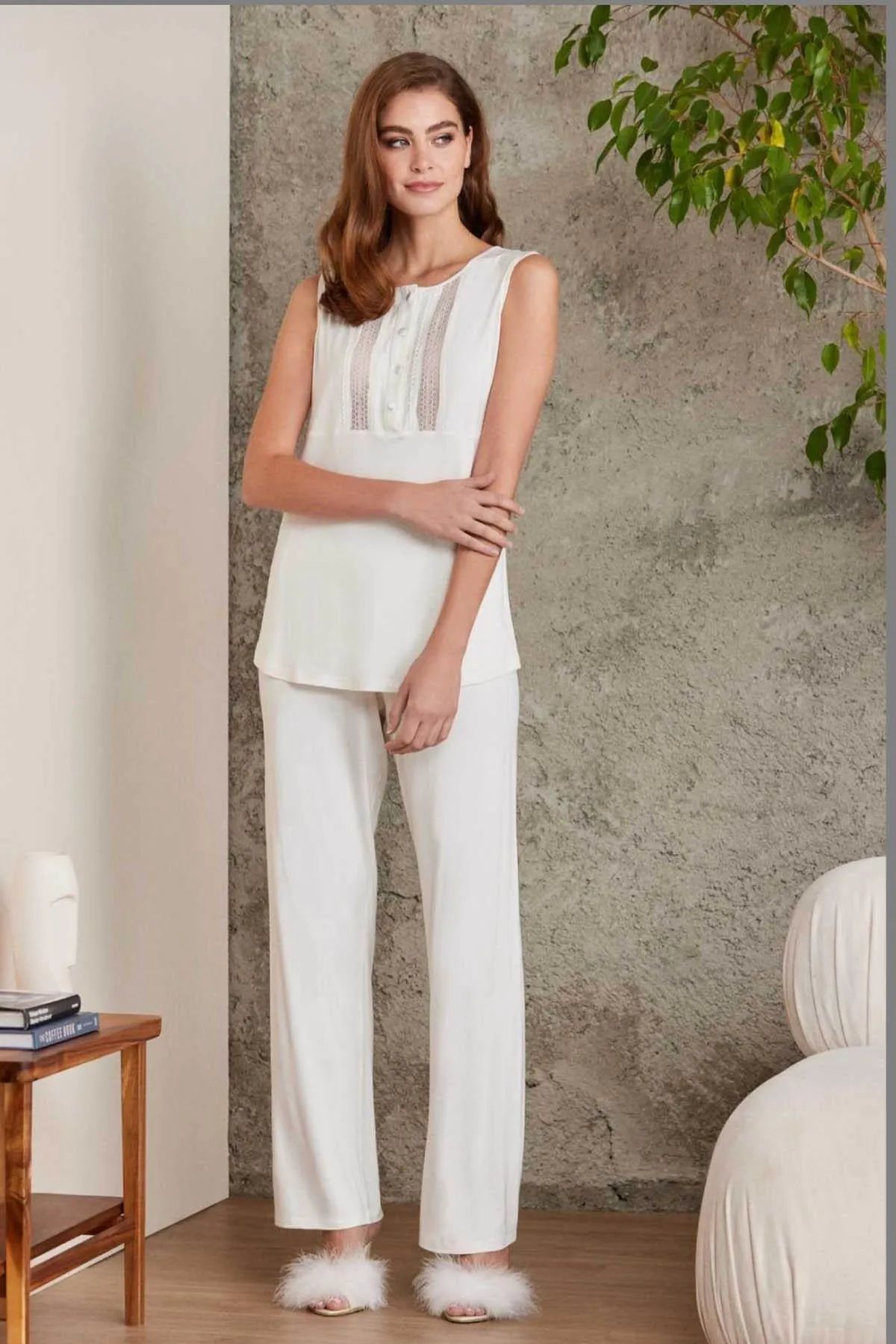 Pierre Cardin 2800 Kadın Penye Dantelli Sabahlıklı Pijama Takım-Ekru