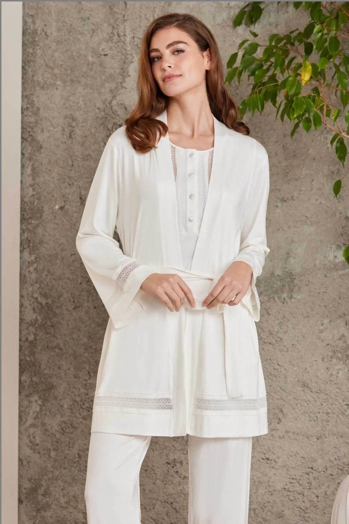 Pierre Cardin 2800 Kadın Penye Dantelli Sabahlıklı Pijama Takım-Ekru