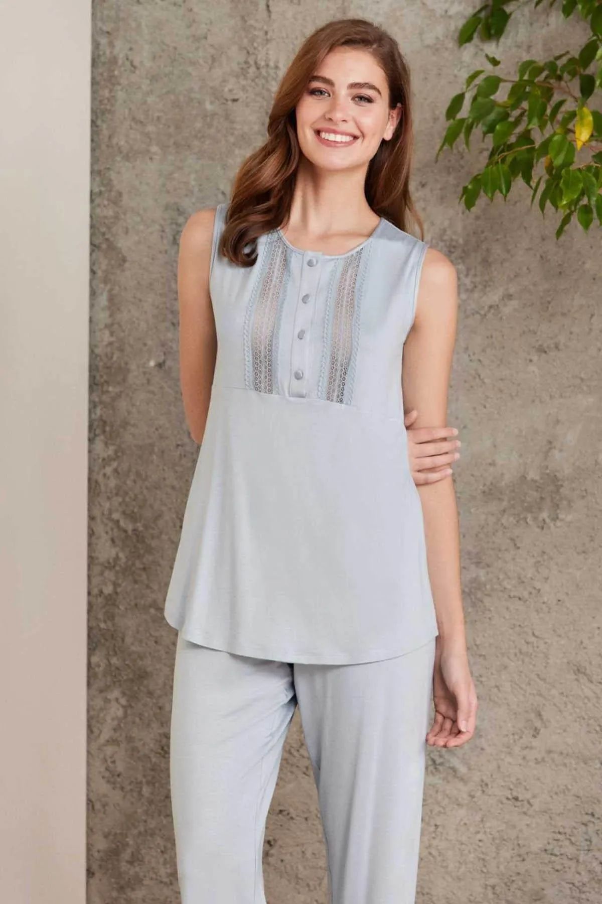 Pierre Cardin 2800 Kadın Penye Dantelli Sabahlıklı Pijama Takım-Mist